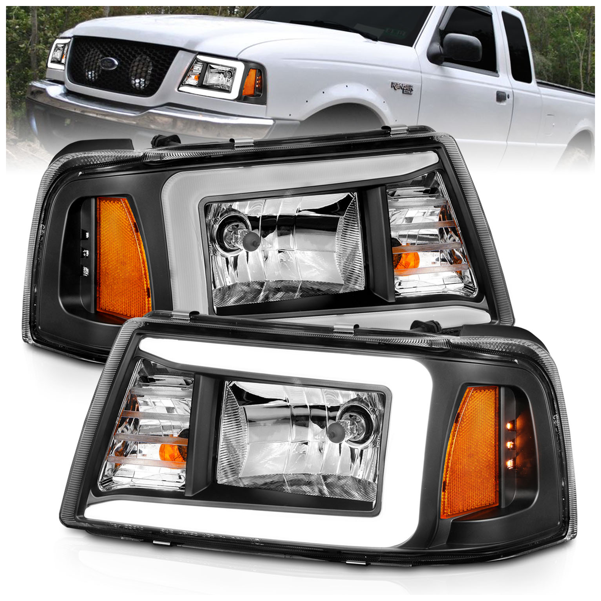 AM CRYSTAL HEADLIGHTS W LIGHT BAR BLACK HOUSING 2001-2011 FORD RANGER SKU A1R111511 Partslink FO2502173 FO2503173 FO2520168 FO2521168 OEM 6L5Z13008BA 6L5Z13008AA 1L5Z15
