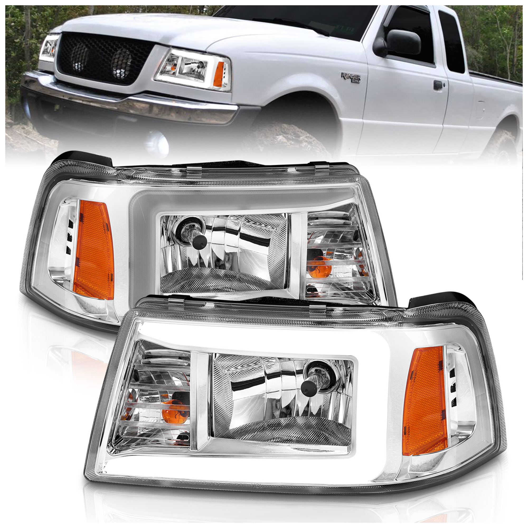 AM CRYSTAL HEADLIGHTS W LIGHT BAR CHROME HOUSING 2001-2011 FORD RANGER SKU A1R111512 Partslink FO2502173 FO2503173 FO2520168 FO2521168 OEM 6L5Z13008BA 6L5Z13008AA 1L5Z15