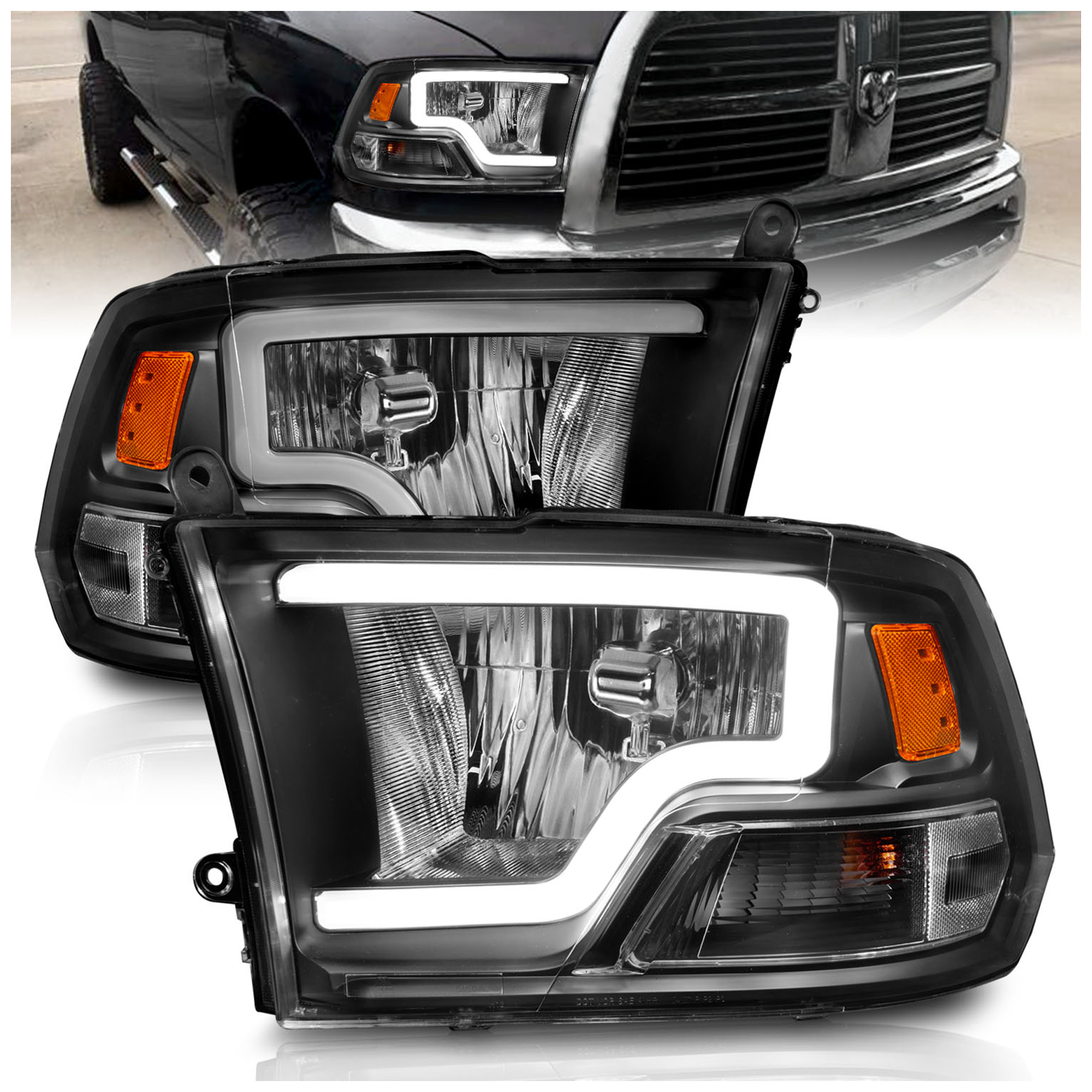 AM CRYSTAL HEADLIGHTS W LIGHT BAR BLACK HOUSING 2009-2018 DODGE RAM 1500 SKU A1R111515 Partslink CH2503217 CH2502217 OEM 55277409AD 55277410AD