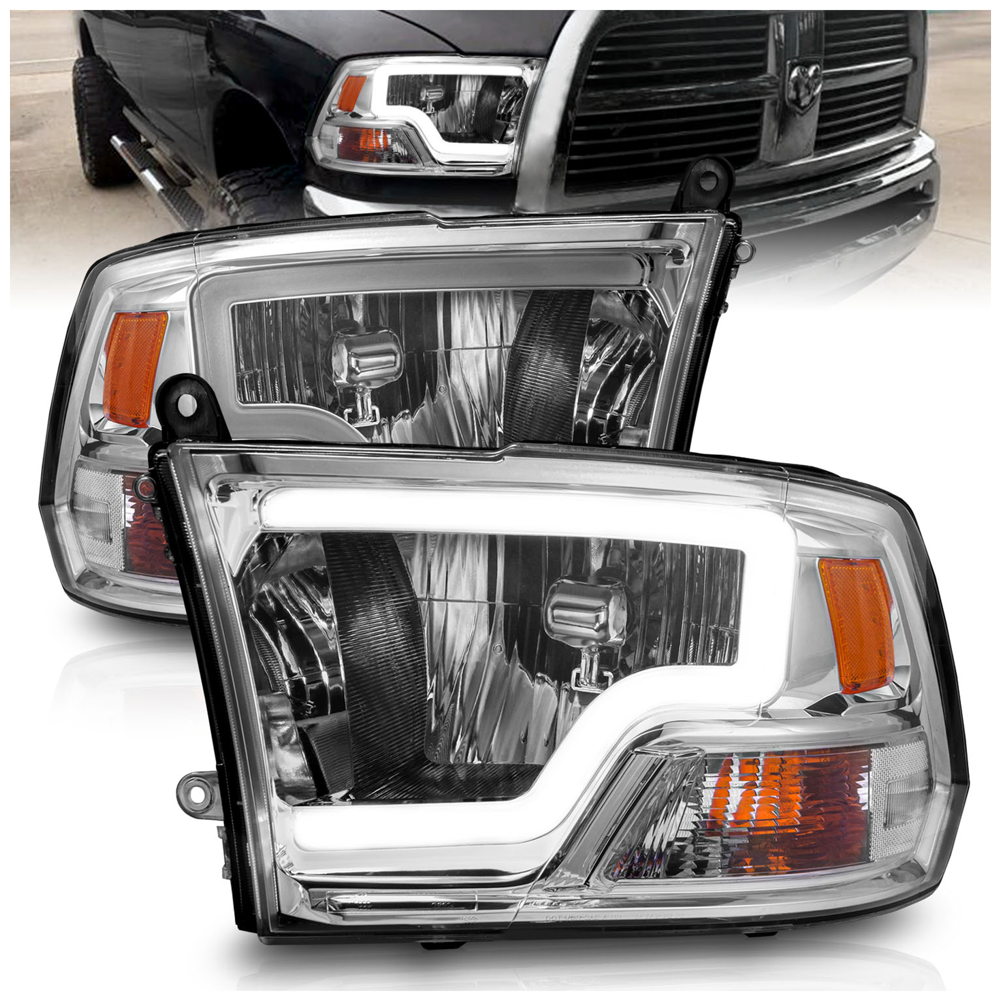 AM CRYSTAL HEADLIGHTS W LIGHT BAR CHROME HOUSING 2009-2018 DODGE RAM 1500 SKU A1R111516 Partslink CH2503217 CH2502217 OEM 55277409AD 55277410AD