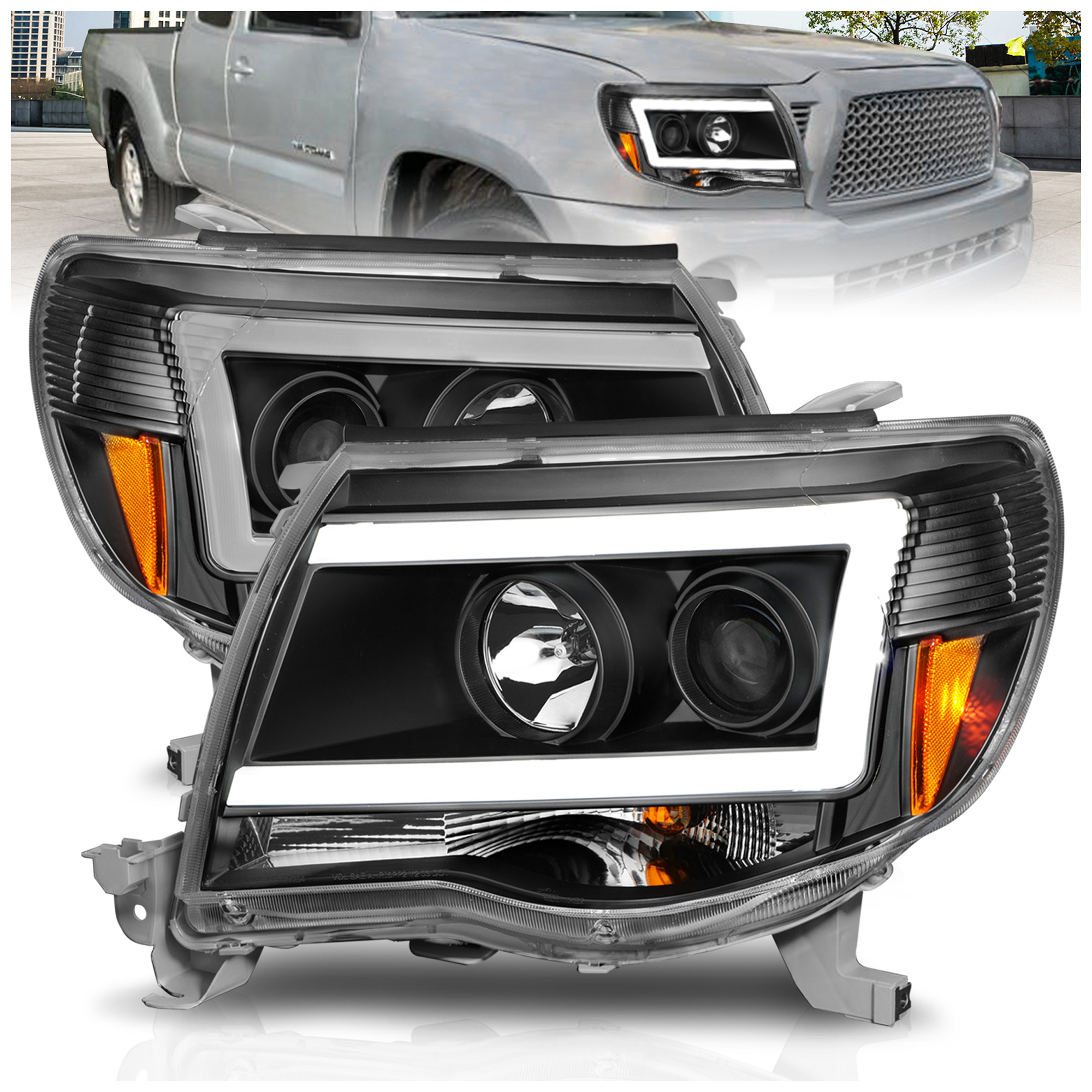 AM PROJECTOR HEADLIGHTS W LIGHT BAR BLACK HOUSING 2005-2011 TOYOTA TACOMA SKU A1R111517 Partslink TO2502181 TO2503181 OEM TO2502181-8111004173