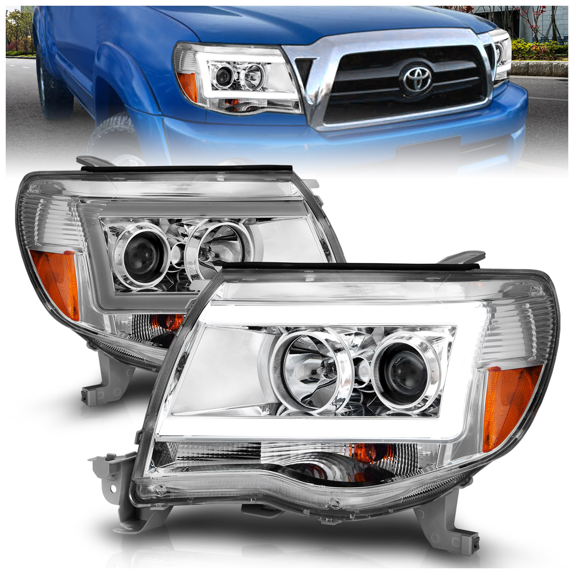 AM PROJECTOR HEADLIGHTS W LIGHT BAR CHROME HOUSING 2005-2011 TOYOTA TACOMA SKU A1R111518 Partslink TO2502181 TO2503181 OEM TO2502181-8111004173