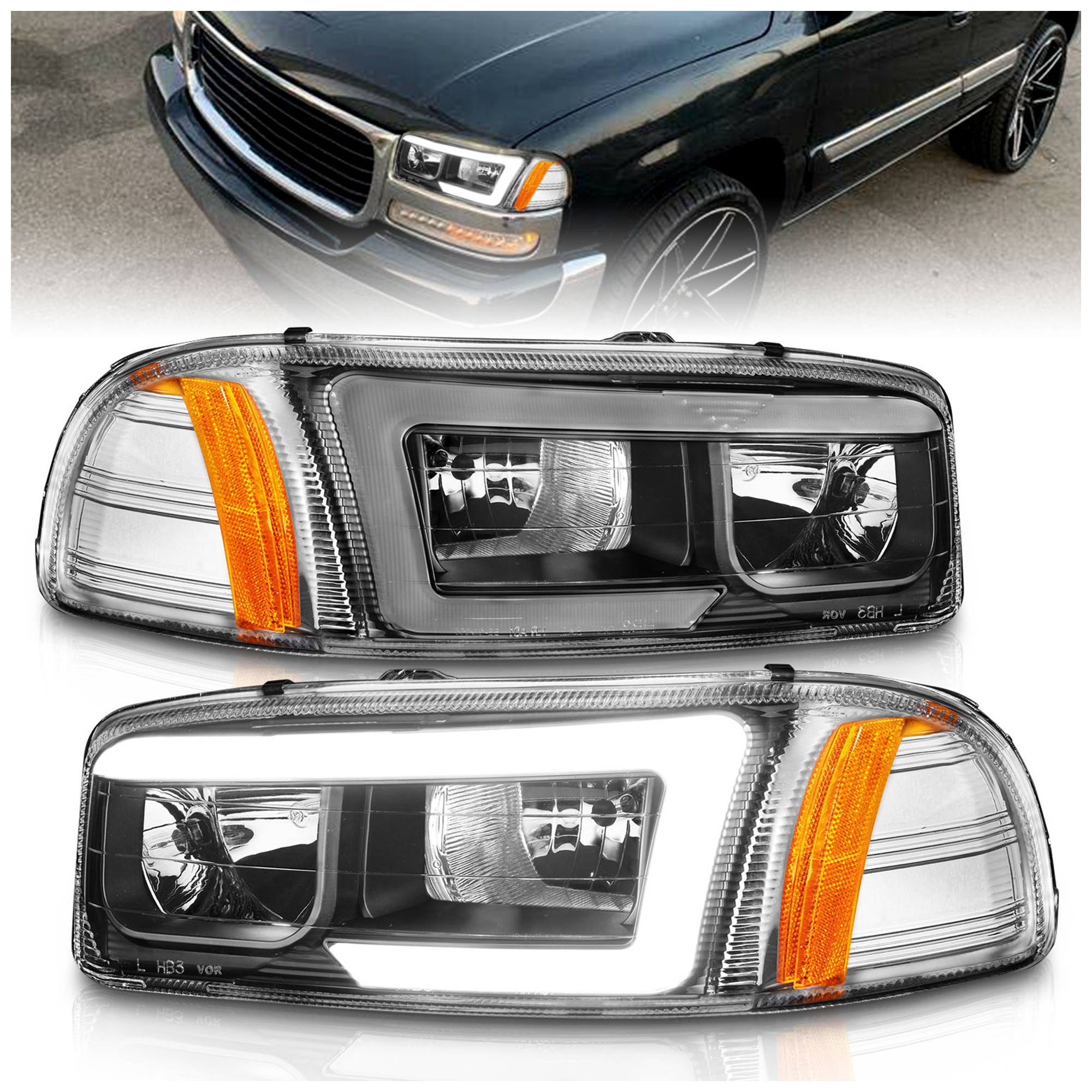 AM PROJECTOR HEADLIGHTS W LIGHT BAR BLACK HOUSING 1999-2006 GMC SIERRA 1500 SKU A1R111522 Partslink GM2502188 GM2503188 OEM GM2502188-15289276