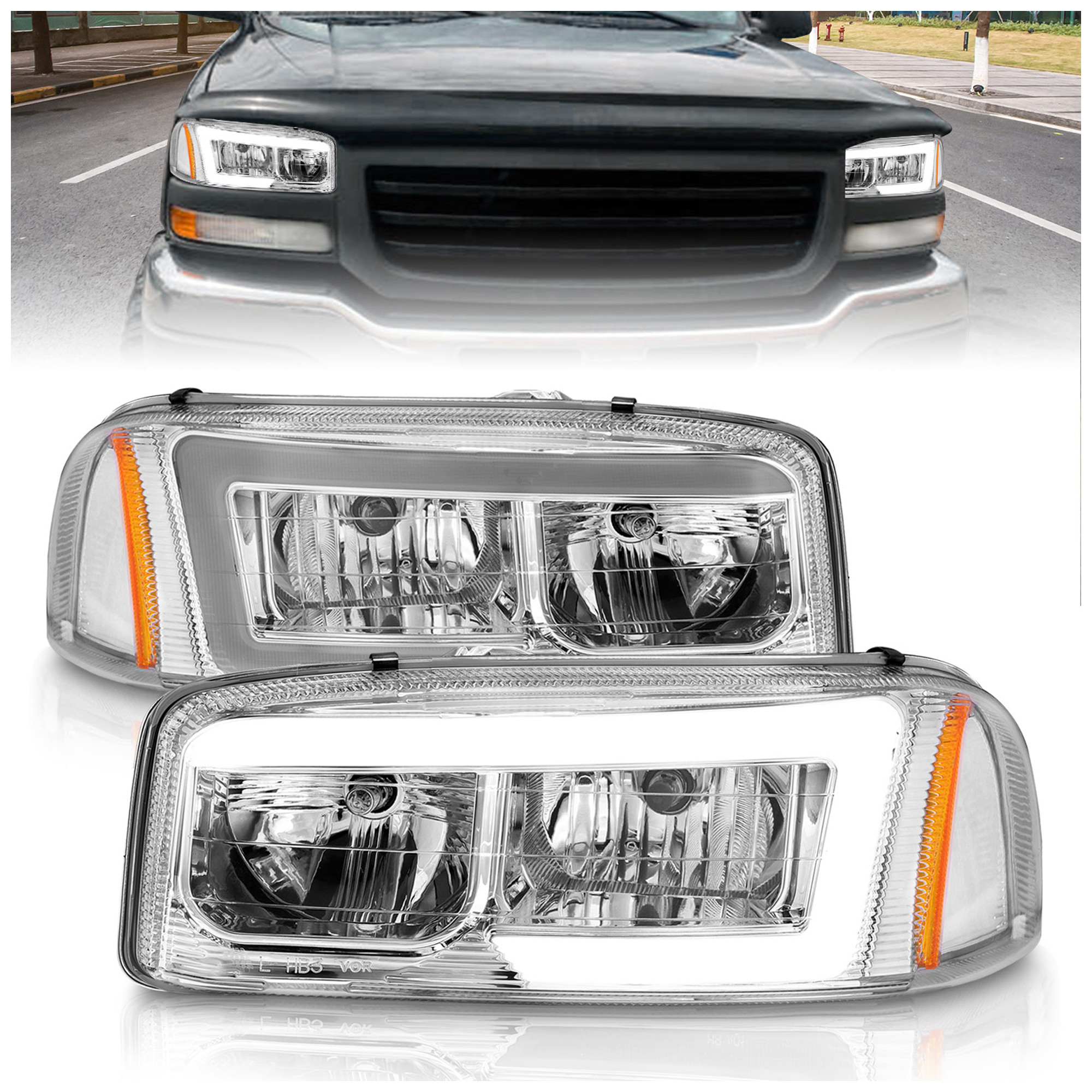 AM PROJECTOR HEADLIGHTS W LIGHT BAR CHROME HOUSING 1999-2006 GMC SIERRA 1500 SKU A1R111523 Partslink GM2502188 GM2503188 OEM GM2502188-15289276