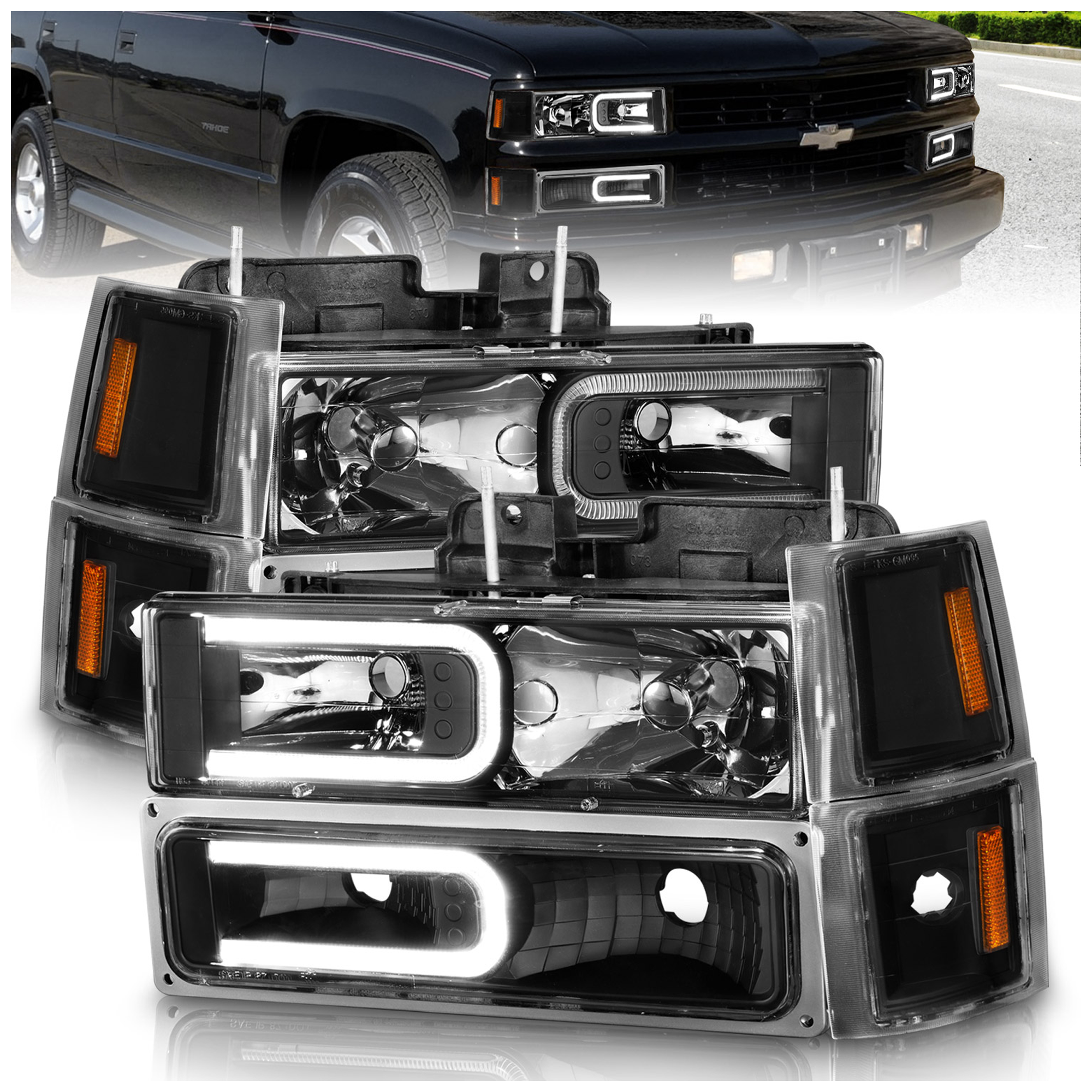 AM CRYSTAL HEADLIGHTS W LIGHT BAR BLACK HOUSING W SIGNAL SIDE MARKERS 8PCS SKU A1R111528 Partslink GM2502101 GM2503101 OEM GM2502101-15034930