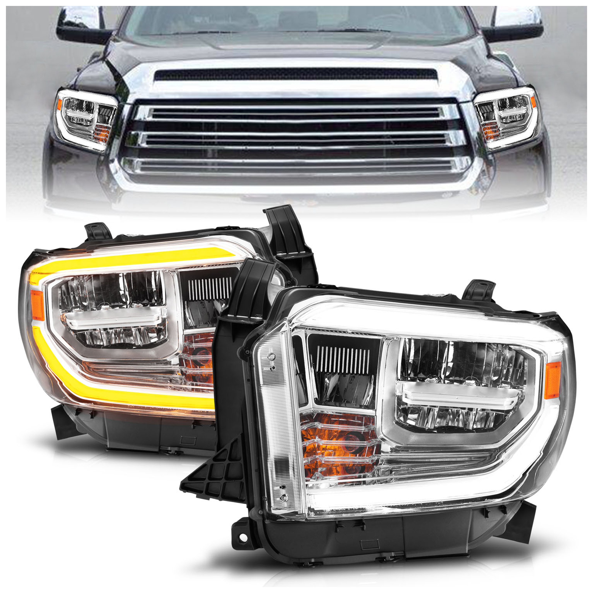 AM LED CRYSTAL HEADLIGHTS W SWITCHBACK CHROME HOUSING W DRL SKU A1R111532 Partslink TO2502235 TO2503220 OEM TO2502235-811100C101