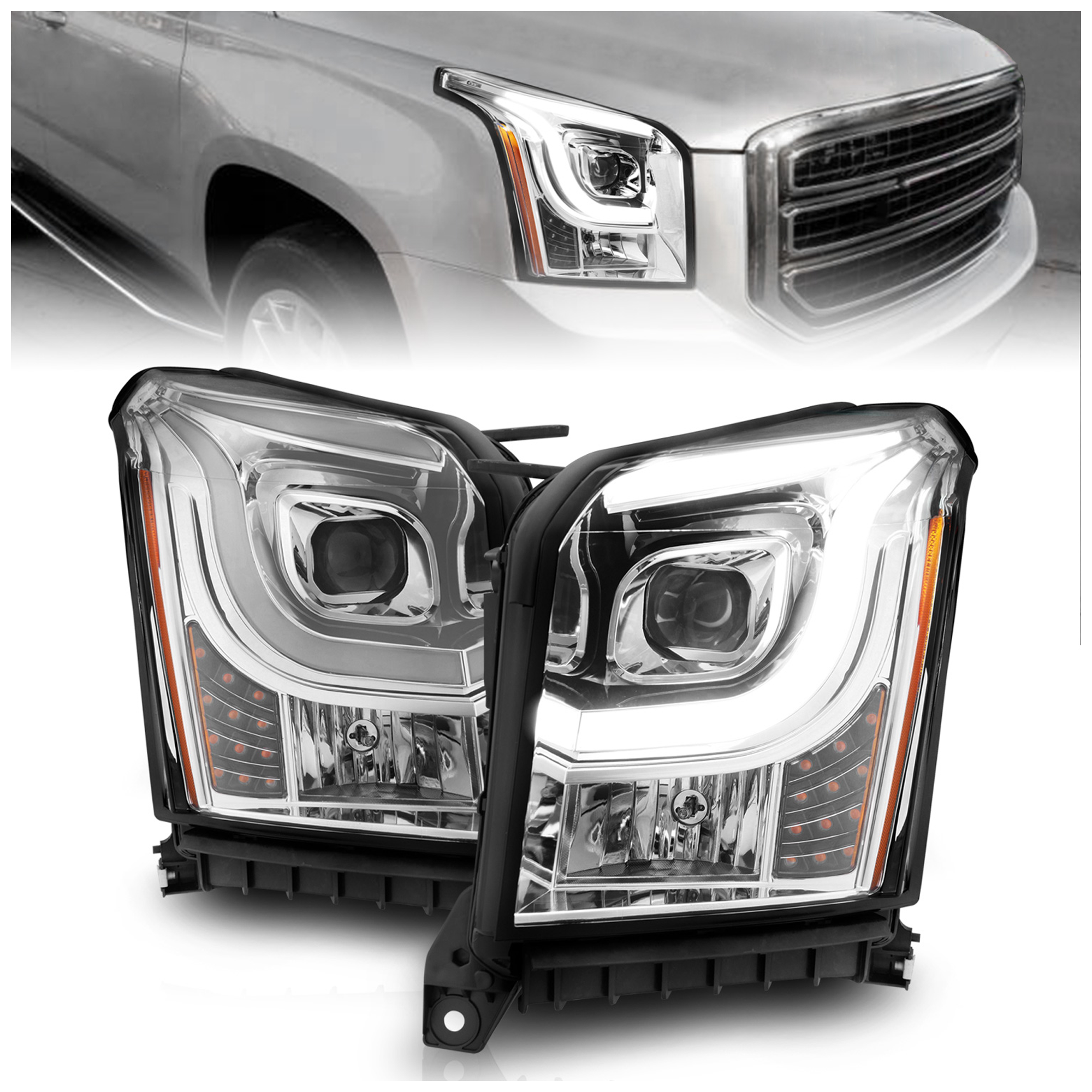 AM PROJECTOR HEADLIGHTS W LIGHT BAR CHROME HOUSING SKU A1R111536 Partslink GM2503409 GM2502409 OEM 23445461-23445462