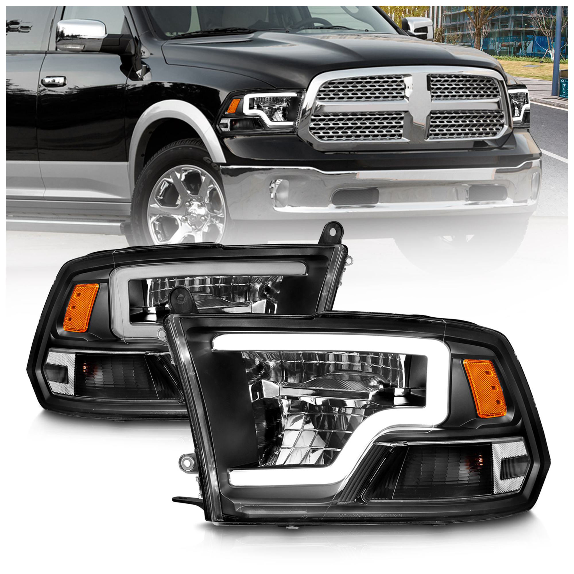 AM FULL LED SQUARE PROJECTOR HEADLIGHTS W LIGHT BAR CHROME HOUSING SKU A1R111539 Partslink CH2503217 CH2502217 OEM 55277409AD 55277410AD