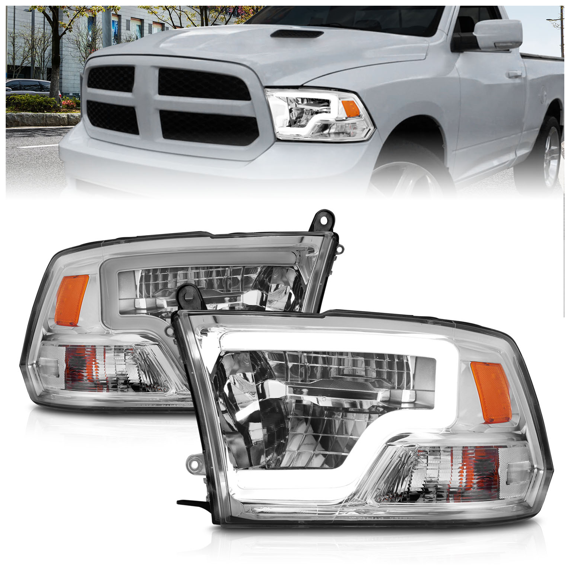 AM FULL LED SQUARE PROJECTOR HEADLIGHTS W LIGHT BAR CHROME HOUSING SKU A1R111540 Partslink CH2503217 CH2502217 OEM 55277409AD 55277410AD