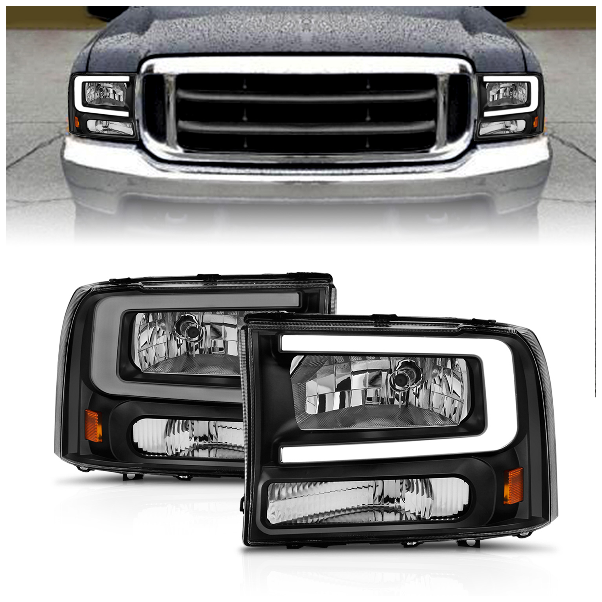 AM CRYSTAL HEADLIGHTS W LIGHT BAR BLACK HOUSING SKU A1R111549
