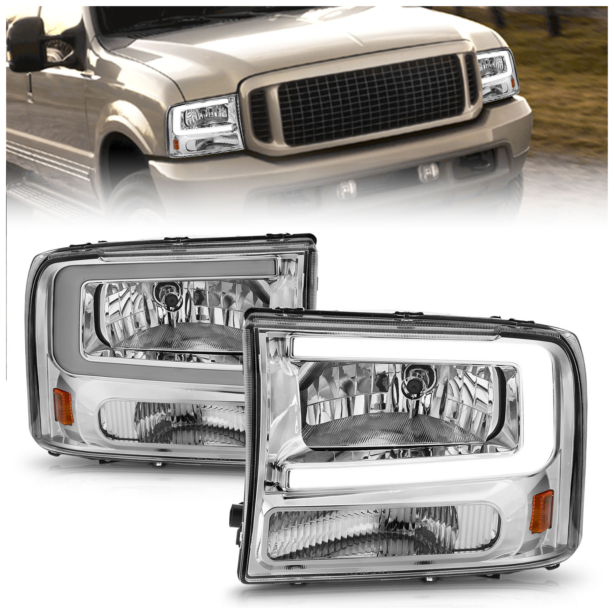 AM CRYSTAL HEADLIGHTS W LIGHT BAR CHROME HOUSING SKU A1R111550