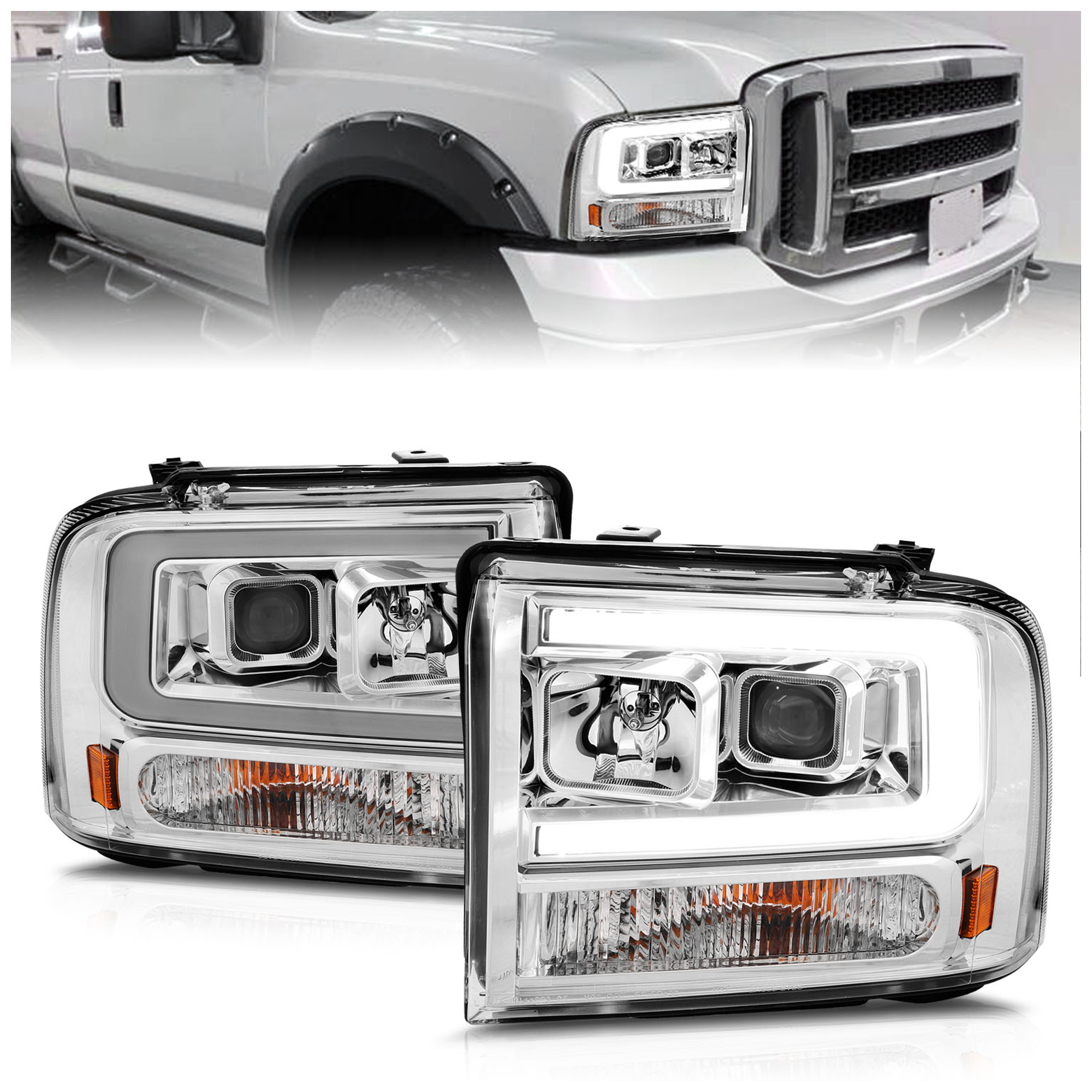 AM PROJECTOR HEADLIGHTS W LIGHT BAR CHROME HOUSING SKU A1R111552