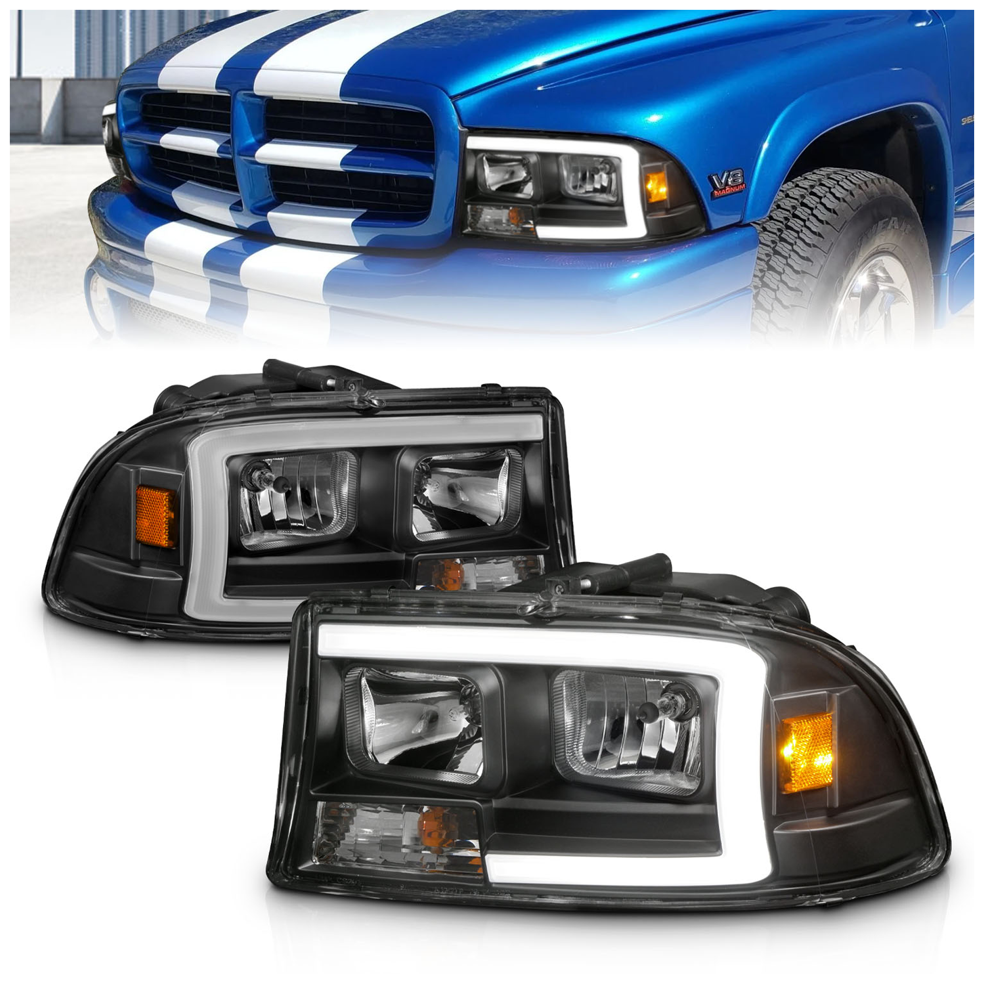 AM 1997-2004 DODGE DAKOTA Crystal Headlights SKU A1R111591 Partslink CH2518107 CH2519107 OEM CH2518107-55055170AE