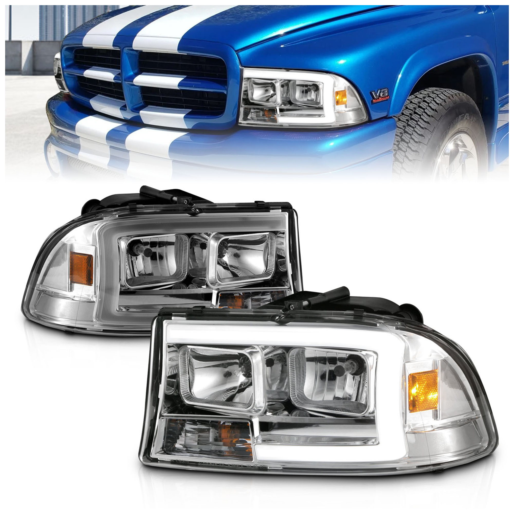 AM 1997-2004 DODGE DAKOTA Crystal Headlights SKU A1R111592 Partslink CH2518107 CH2519107 OEM CH2518107-55055170AE