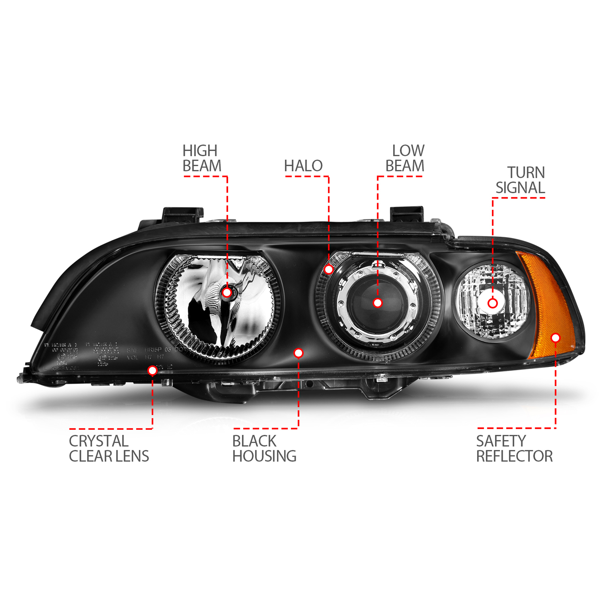 AM HEADLIGHTS|BLACK CLEAR PROJECTORS WITH HALOS SKU A1R121017 Partslink BM2503108 BM2502108 BM2503118 BM2502118 BM2503120 BM2502120 OEM 63128362526-63138362525-631283