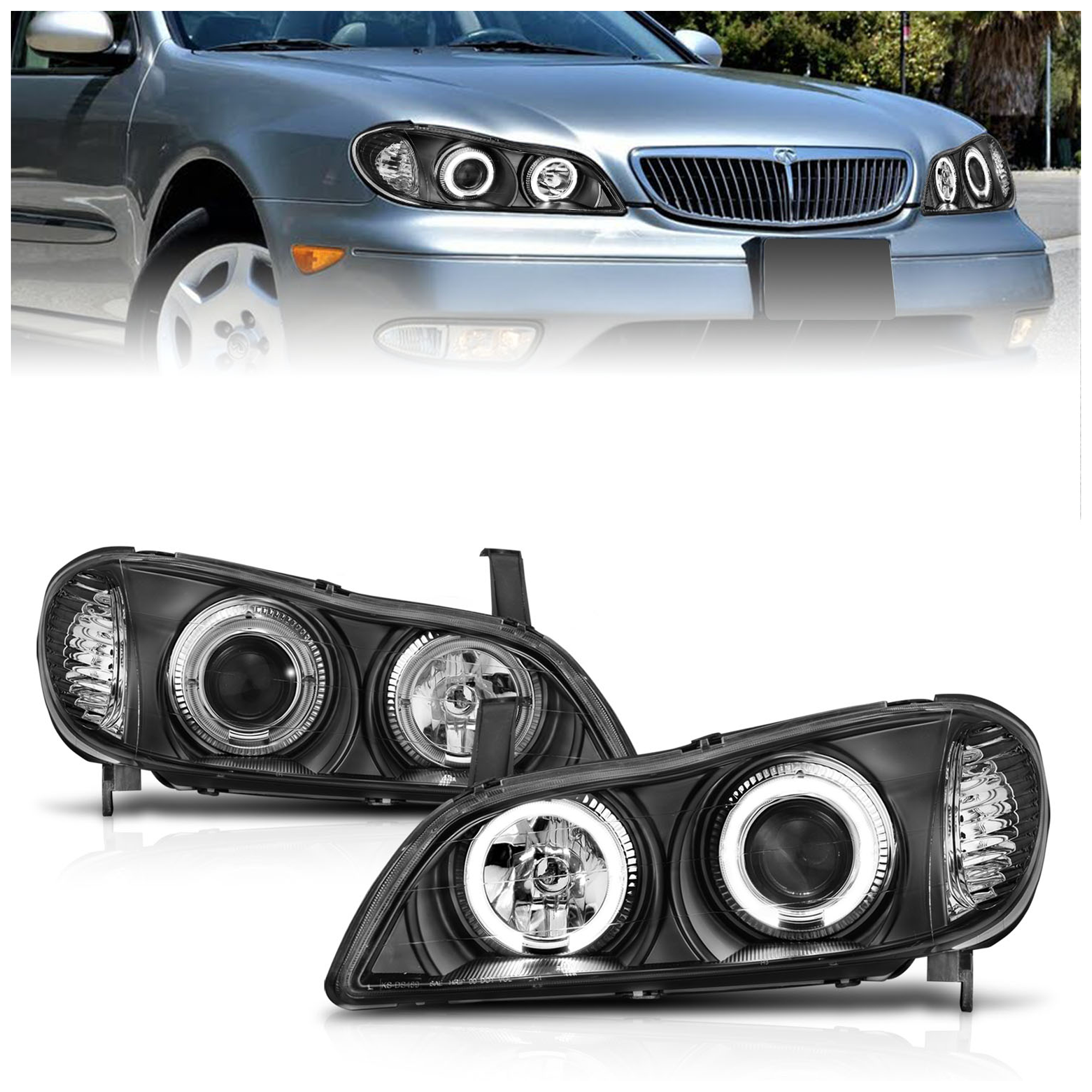 AM HEADLIGHTS|PROJECTOR WITH HALO BLACK SKU A1R121077 Partslink IN2503104 IN2502104 OEM 260103Y325-260103Y326