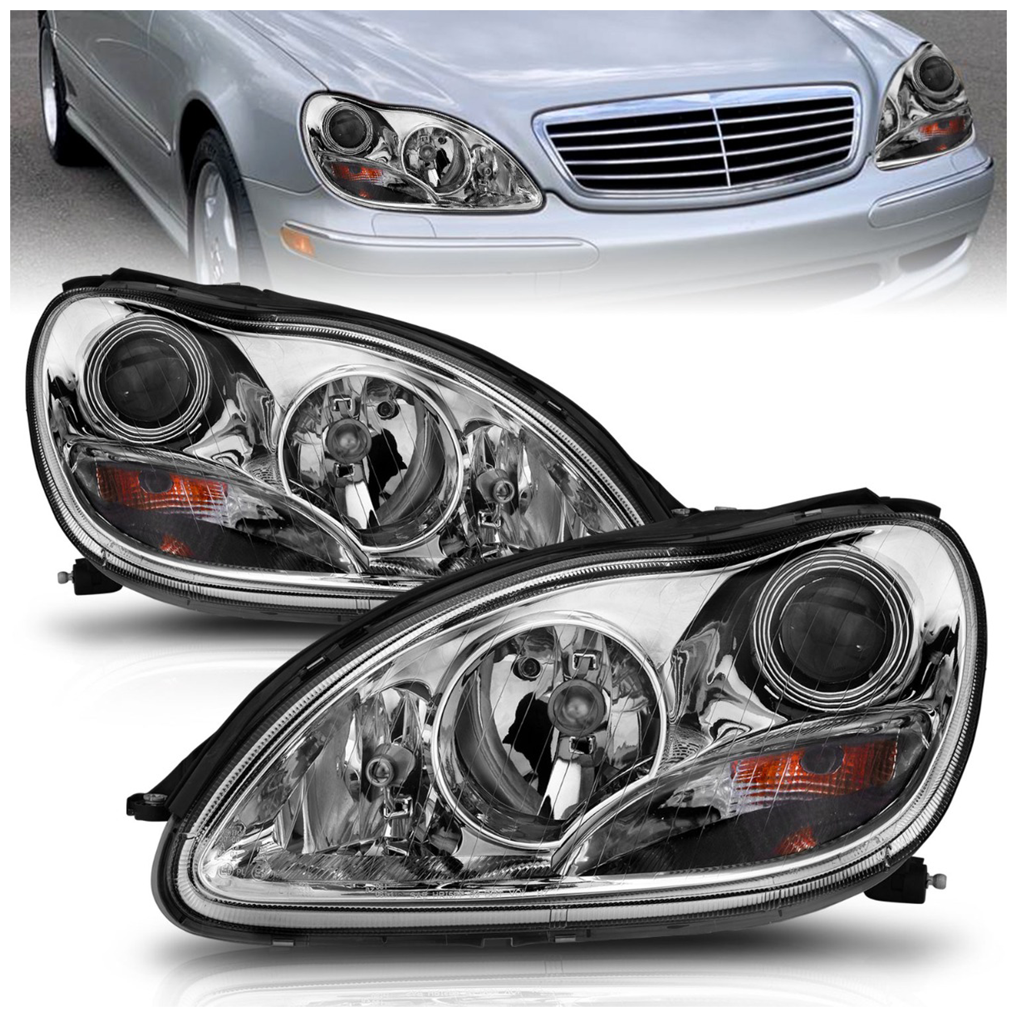 AM HEADLIGHTS|PROJECTOR CHROME SKU A1R121092 Partslink MB2502137 MB2503137 MB2502130 MB2503130 OEM 2208200561-2208200661-22082041