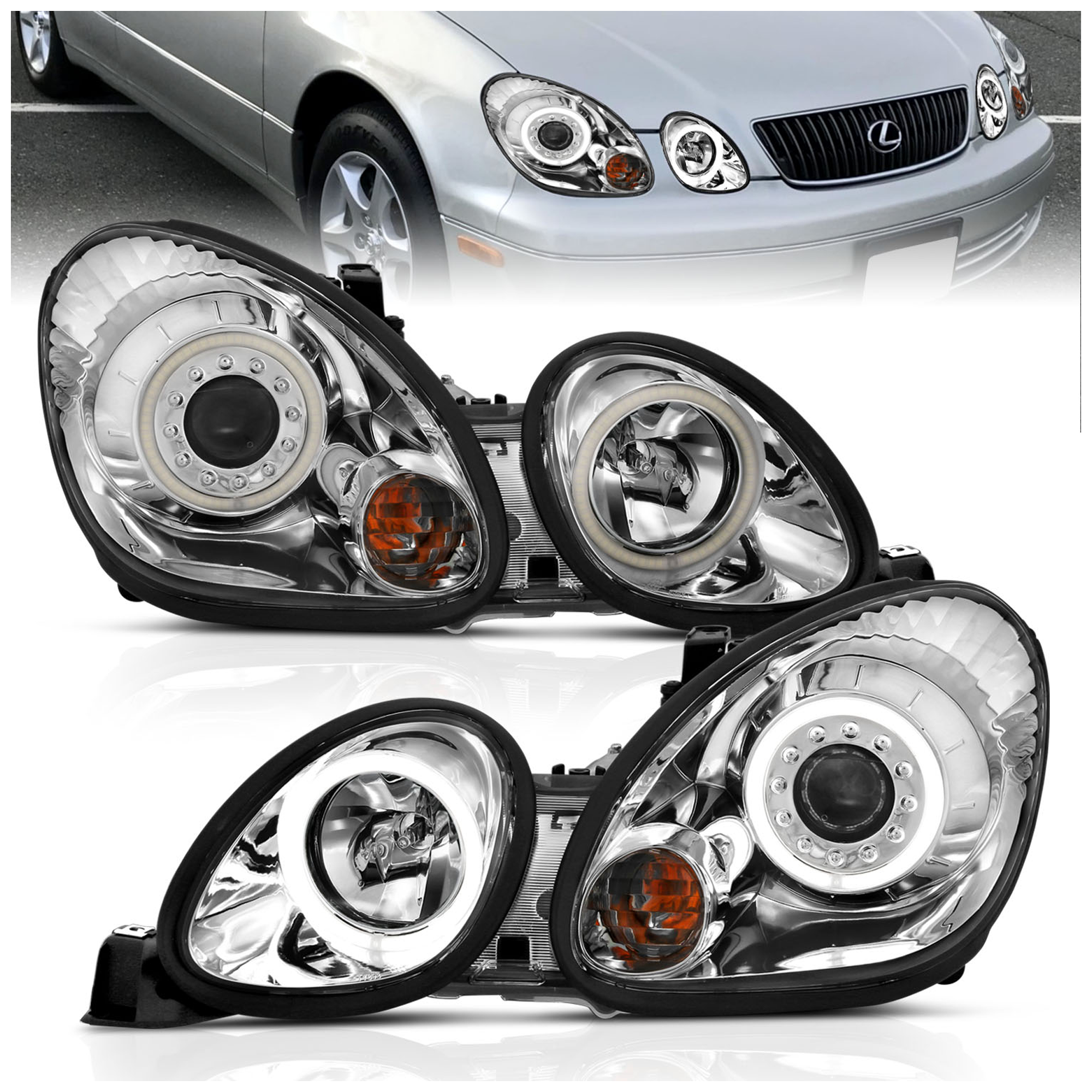 AM HEADLIGHTS|PROJECTOR WITH HALO CHROME CLEAR WITH AMBER REFLECTORS SKU A1R121143 Partslink LX2503109 LX2503131 LX2503119 LX2503120 OEM 811503A450-811103A020