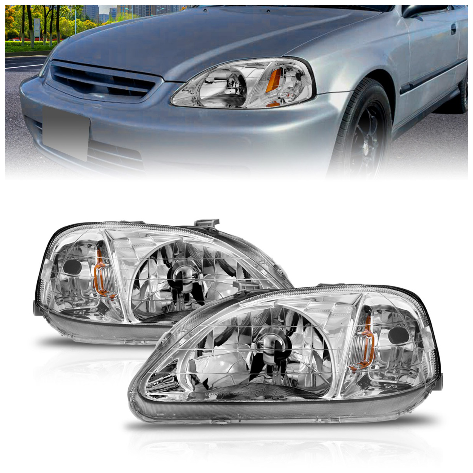AM HEADLIGHTS|CHROME WITH AMBER REFLECTORS SKU A1R121179 Partslink HO2502113 HO2503113 OEM HO2502113-33101S01A02