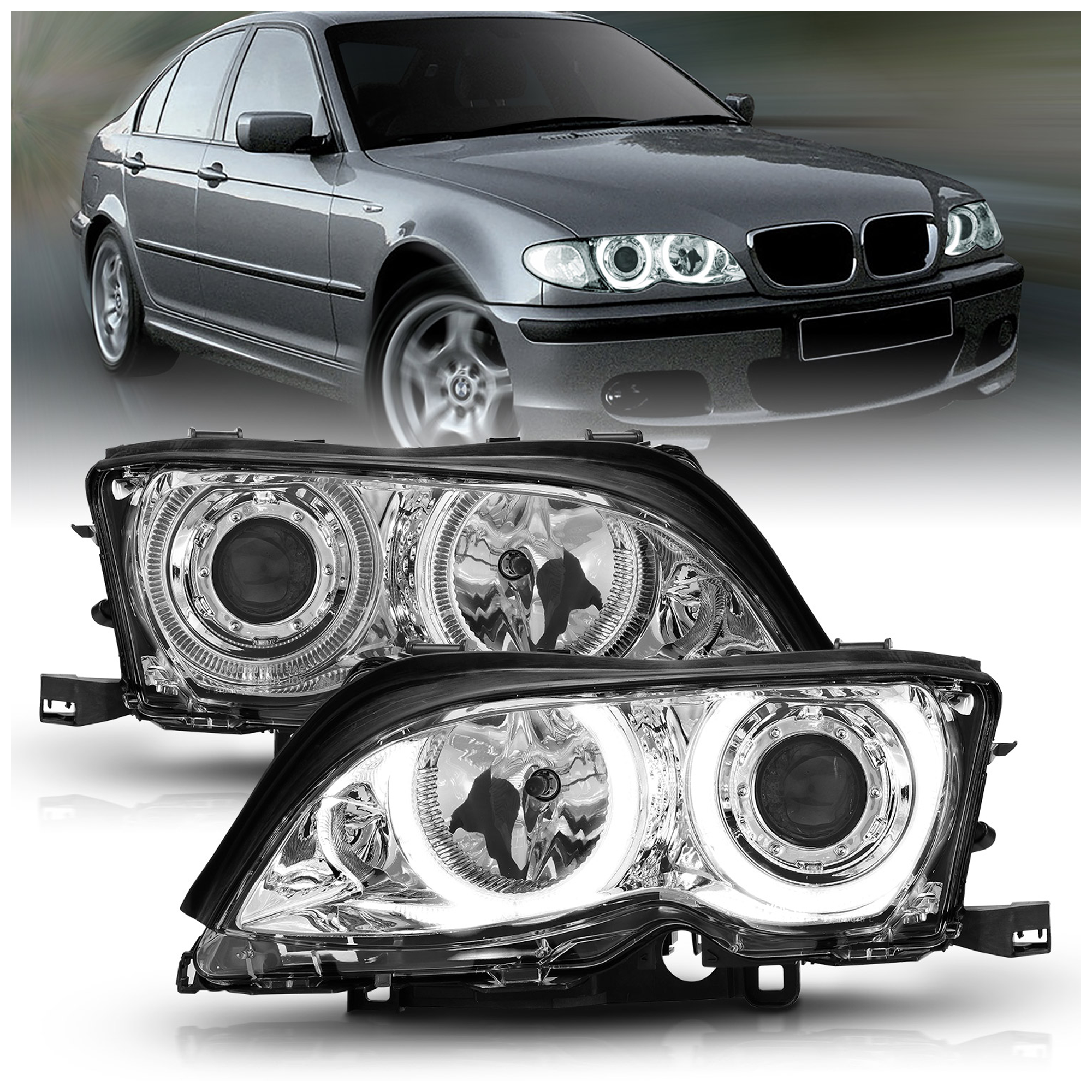 AM HEADLIGHTS|CHROME CLEAR PROJECTOR WITH HALOS SKU A1R121212 Partslink BM2502122 BM2503122 OEM 63126910964-63126910963-631271