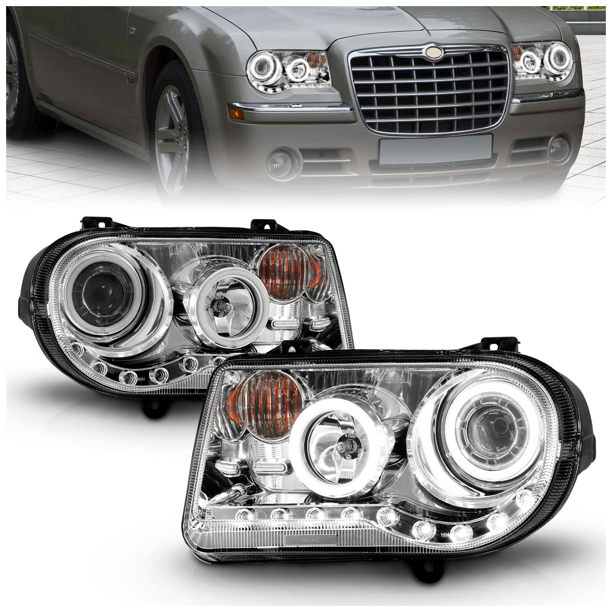 AM HEADLIGHTS|G2 PROJECTOR HALO CHROME CLEAR AMBER CCFL SKU A1R121250 Partslink CH2503167 CH2502167 OEM 57010862AA 57010863AA 4805862A