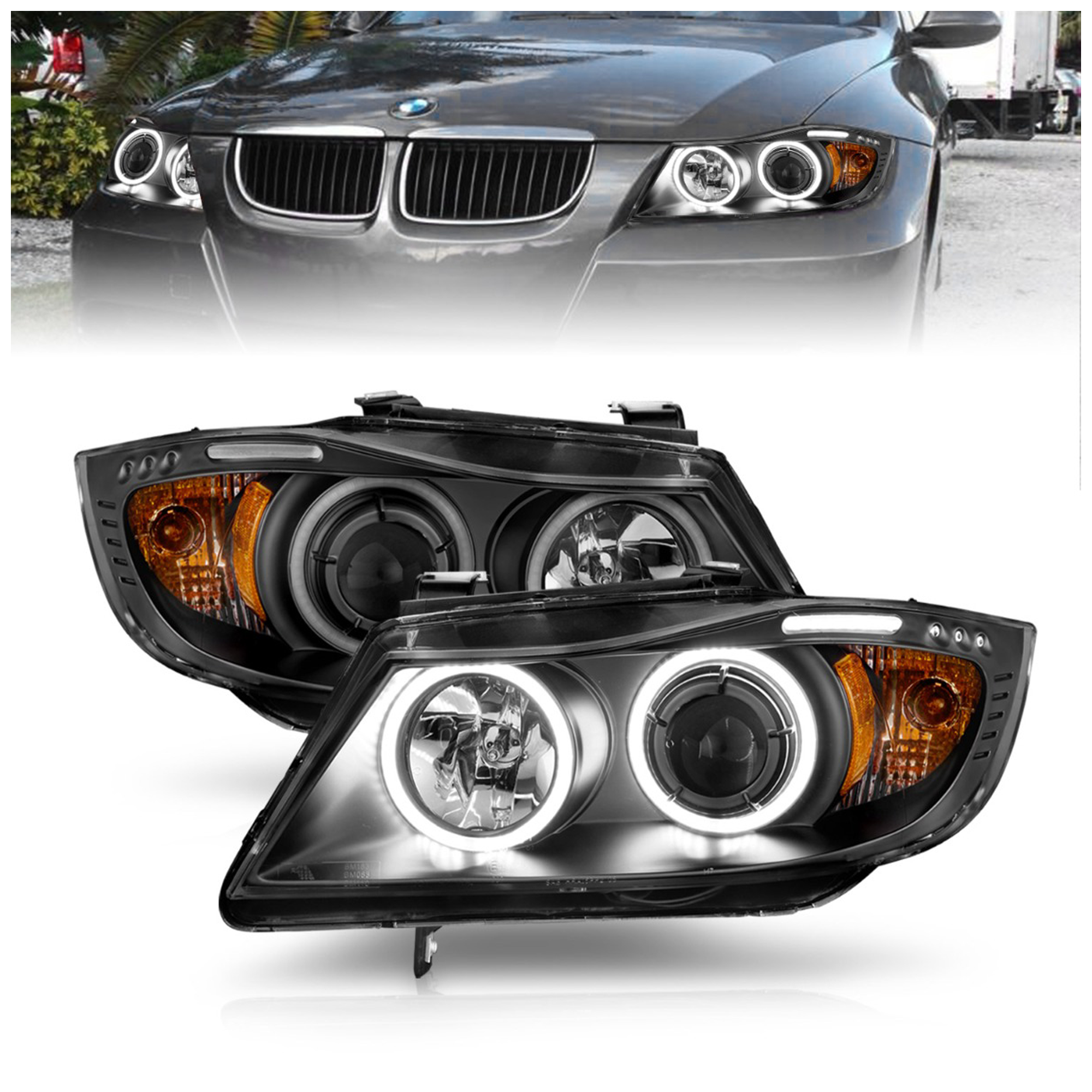AM HEADLIGHTS|PROJECTOR HALO W LED BAR BLACK CLEAR W AMBER CCFL SKU A1R121335 Partslink BM2502140 BM2503140 OEM 63116942726-63116942725