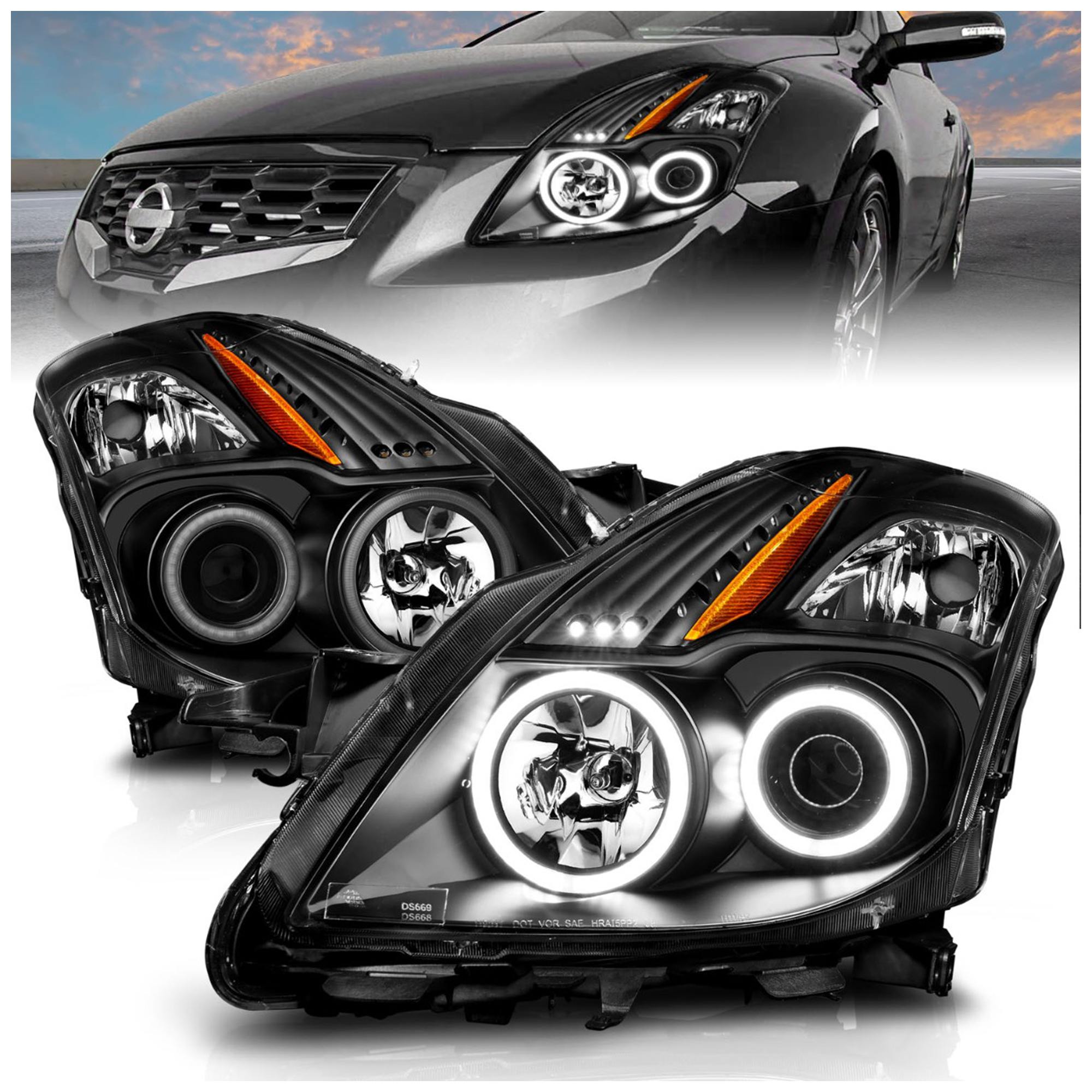 AM ALTIMA 08-09 HEAD LAMP RH Halogen Projector Headlights Coupe Black SKU A1R121395 Partslink NI2502176 NI2503176 OEM NI2502176-26010JB10A