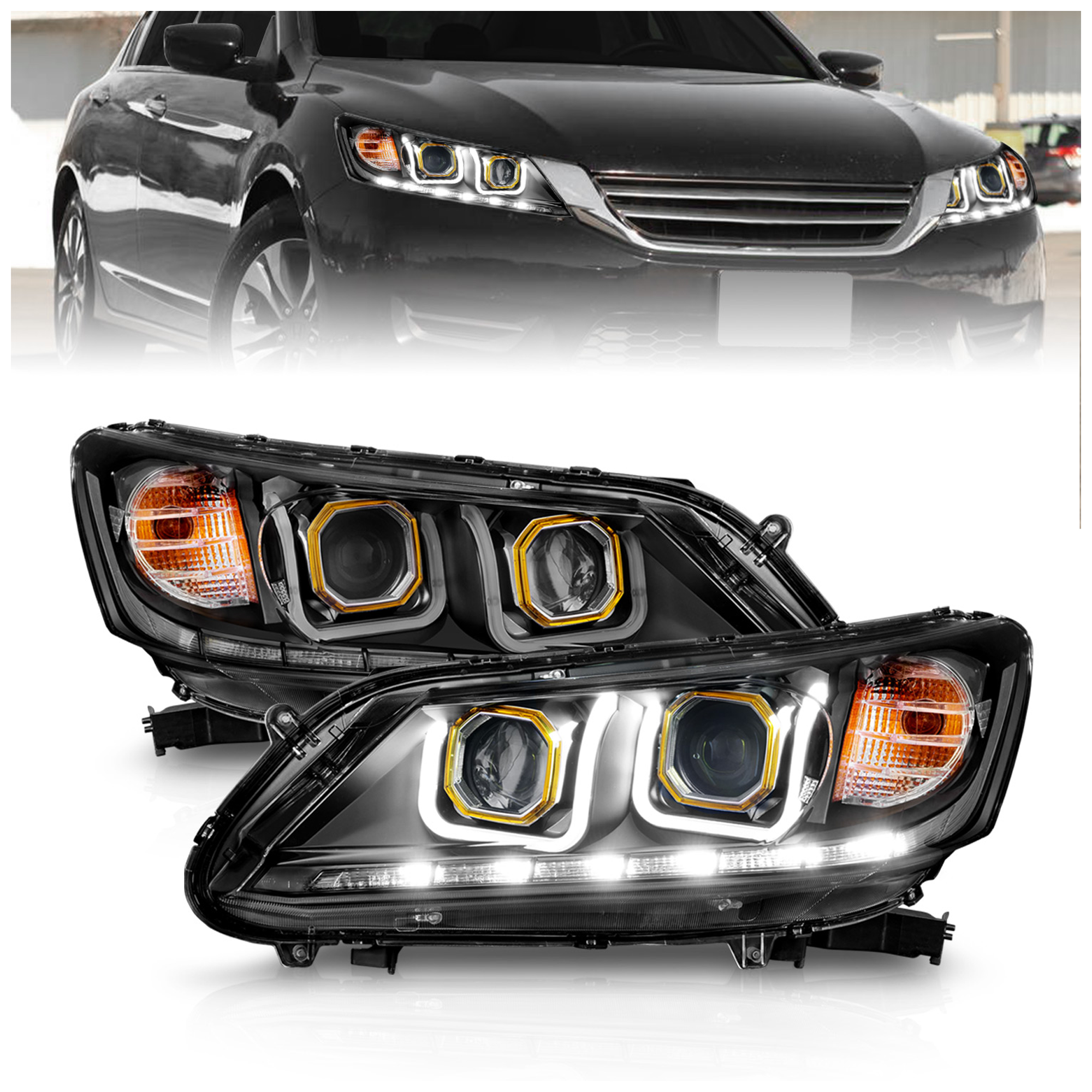 AM HEADLIGHTS PROJECTOR W U BAR BLACK CLEAR SET SKU A1R121492 Partslink HO2502151 HO2503151 OEM HO2502151-33100T2AA01