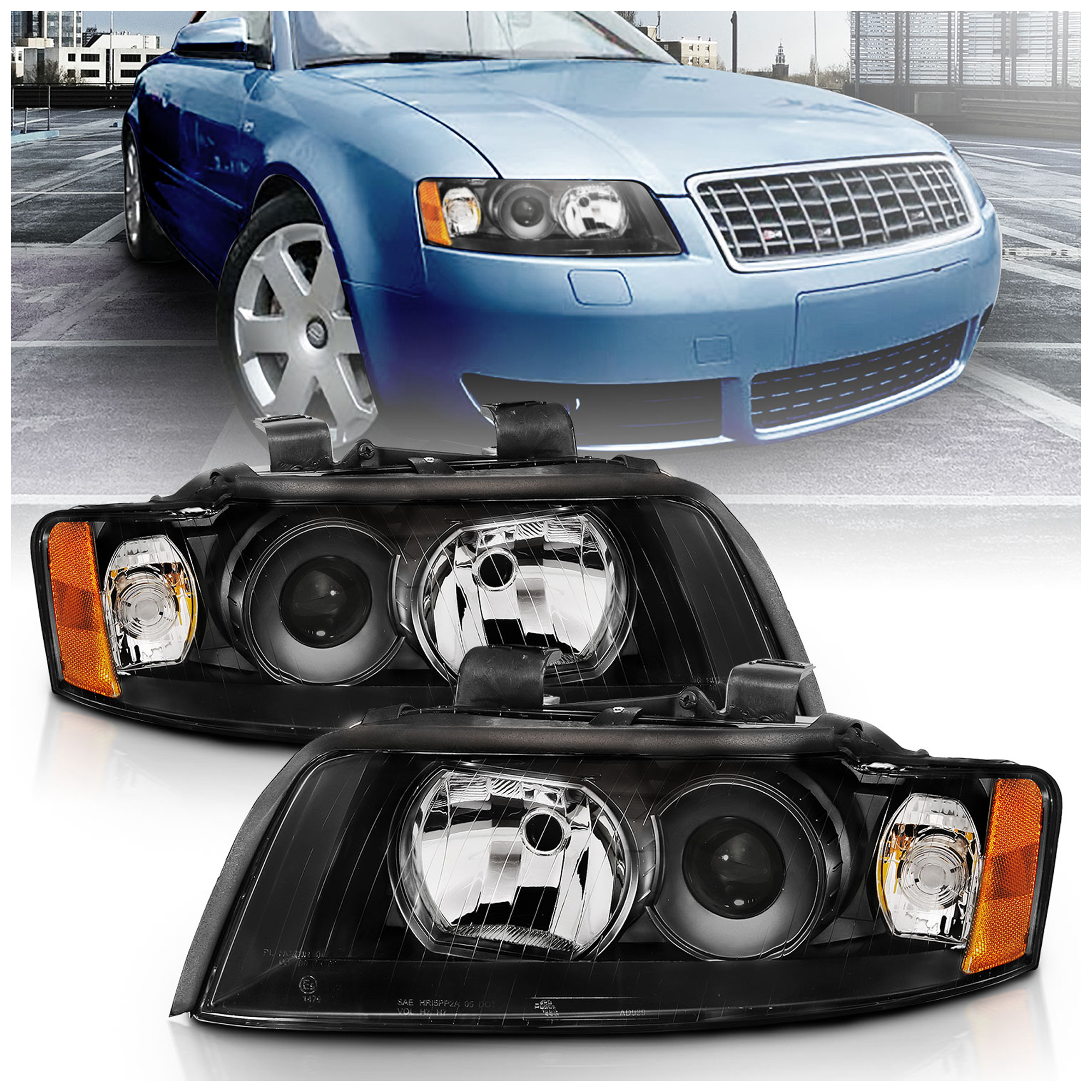 AM Projector Headlights SKU A1R121528 Partslink AU2502113 AU2503113 OEM 8E0941029F 8E0941030F