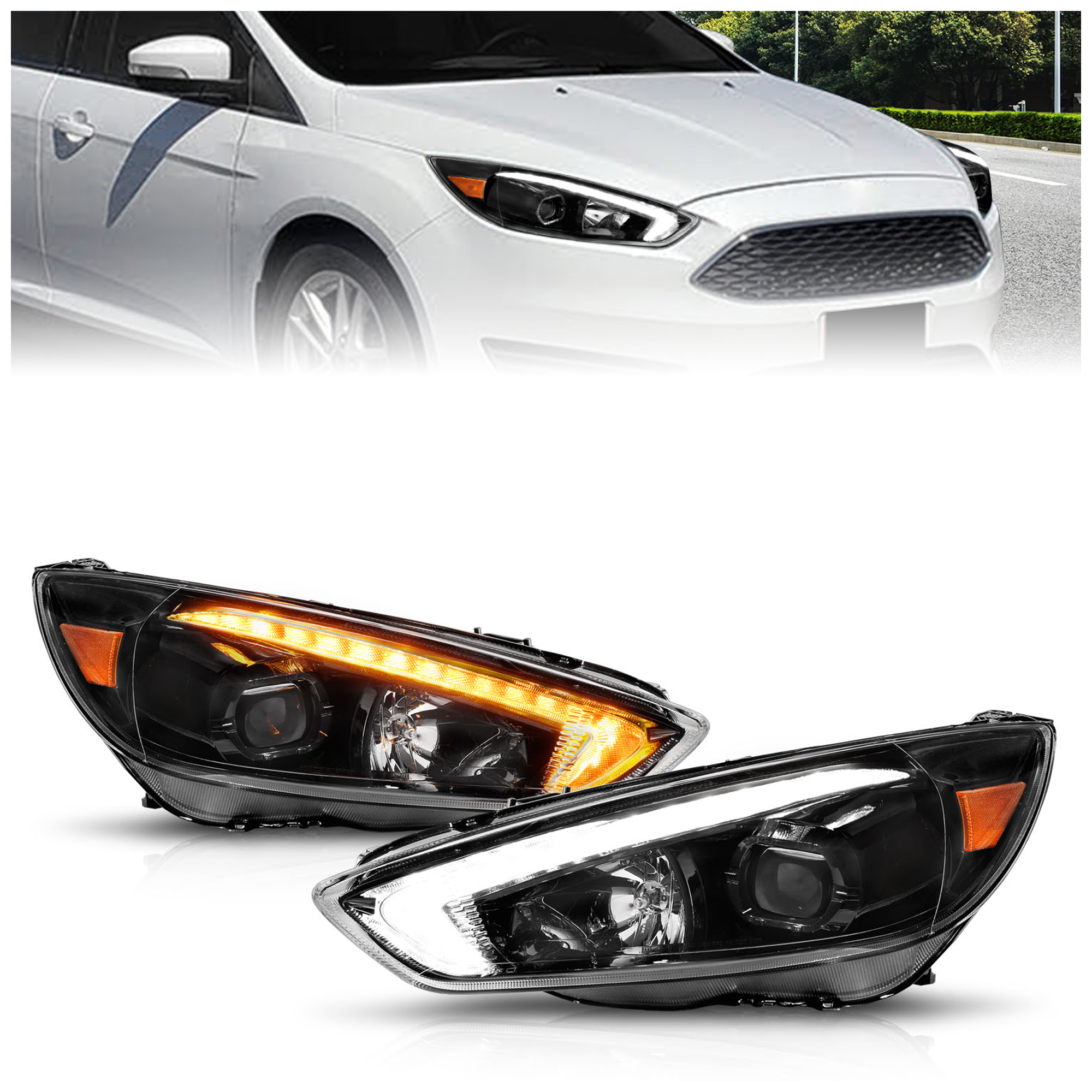 AM 2015-2018 FORD FOCUS PROJECTOR HEADLIGHTS W LIGHT BAR SWITCHBACK BLACK HOUSING W DRL SKU A1R121564 Partslink FO2502337 FO2503337 OEM FO2502337 F1EZ13008GY