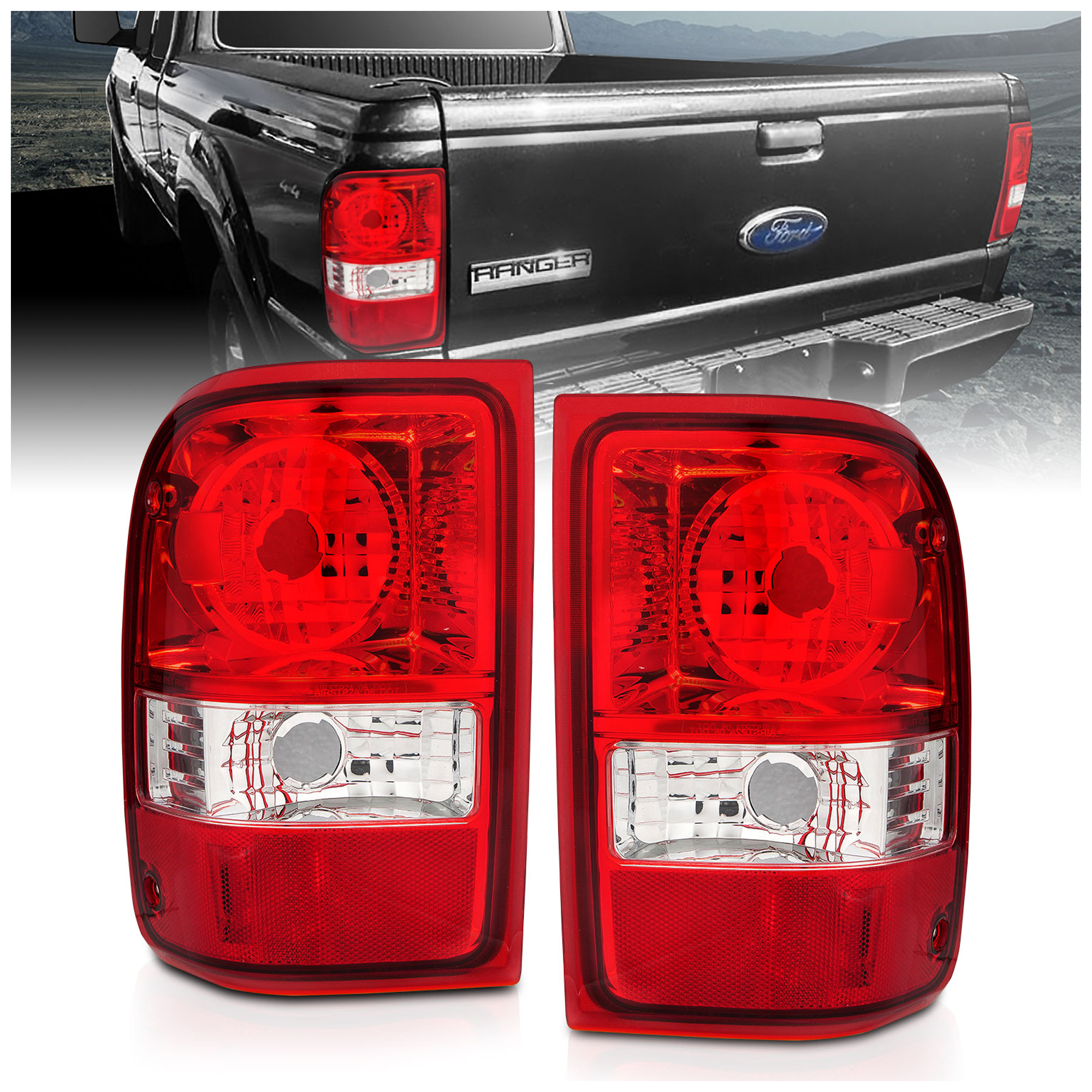 AM TAILLIGHTS W RED CLEAR LENS OE REPLACEMENT 2001-2011 FORD RANGER SKU A1R211182 Partslink FO2800156 FO2801156 FO2818121 FO2819111 OEM 1L5Z13405BA 1L5Z13404BA 6L5Z13
