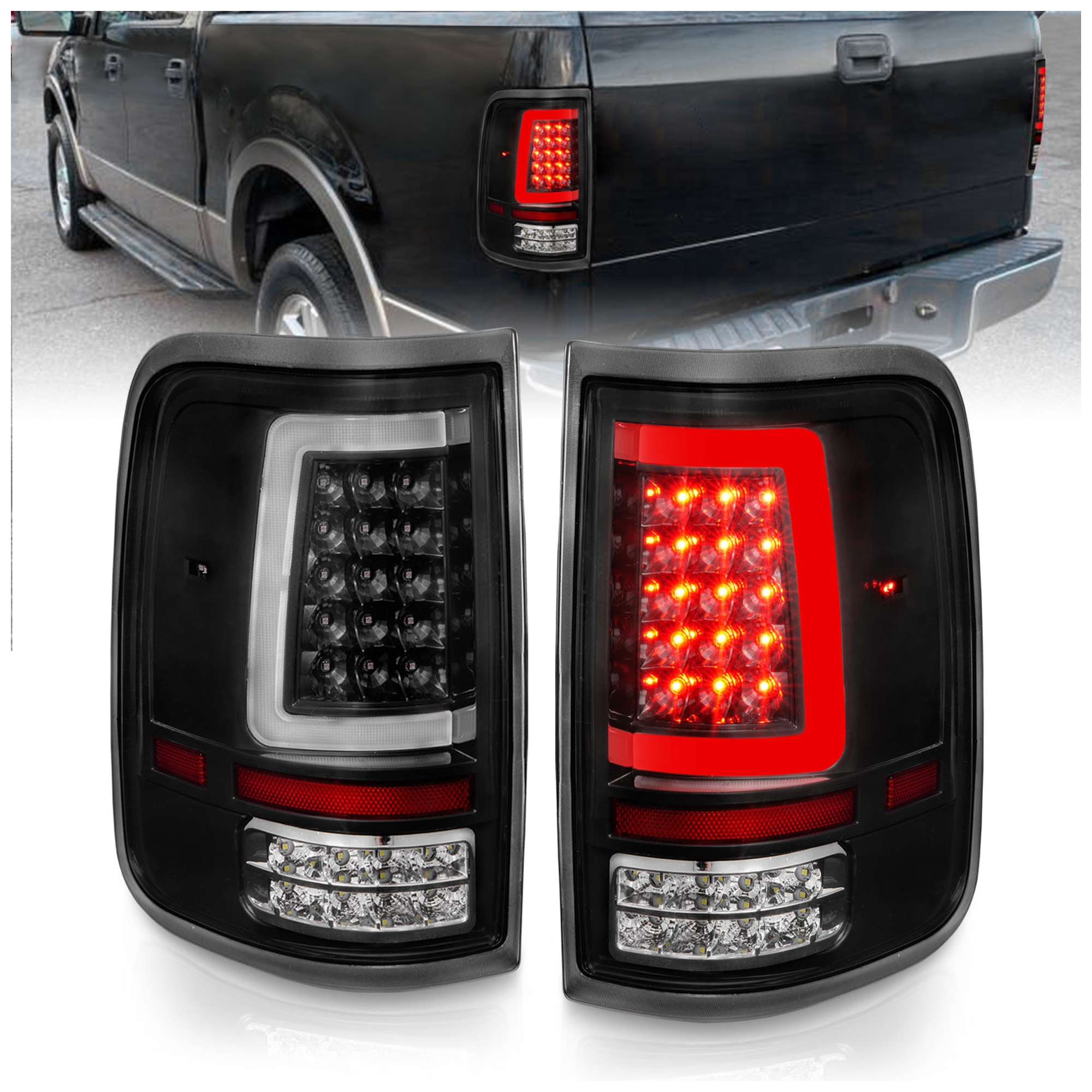 AM LED TAIL LIGHTS W LIGHT BAR BLACK HOUSING CLEAR LENS 2004-2006 FORD F 150 SKU A1R311342 Partslink FO2800200 FO2801200 OEM 5L3Z13405CA 5L3Z13404CA 6L3Z13