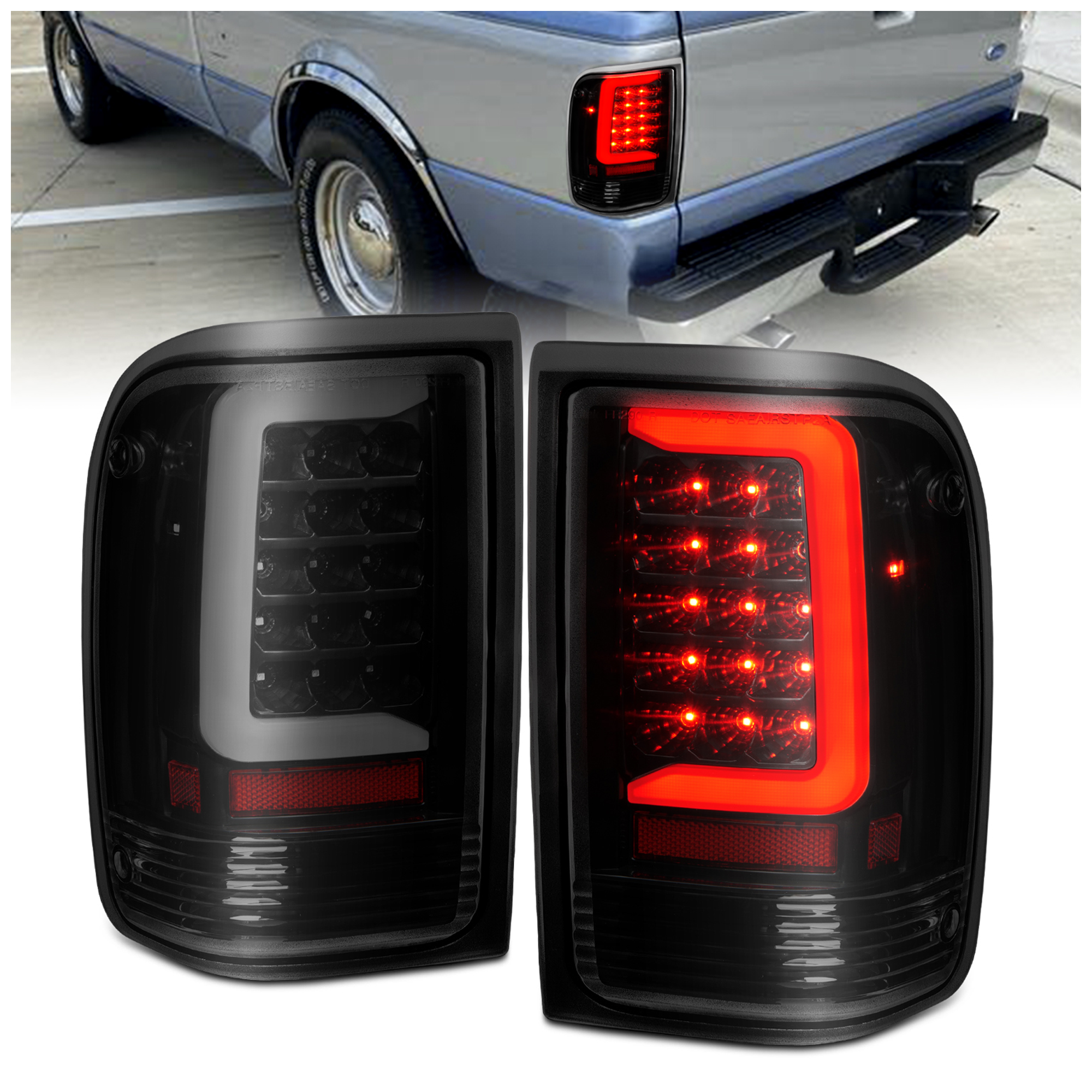AM LED Tail Light w Light Bar Black Housing Clear Lens 1993-1997 FORD RANGER SKU A1R311360 Partslink FO2800110 FO2801110 OEM F37Z13405A F37Z13404A