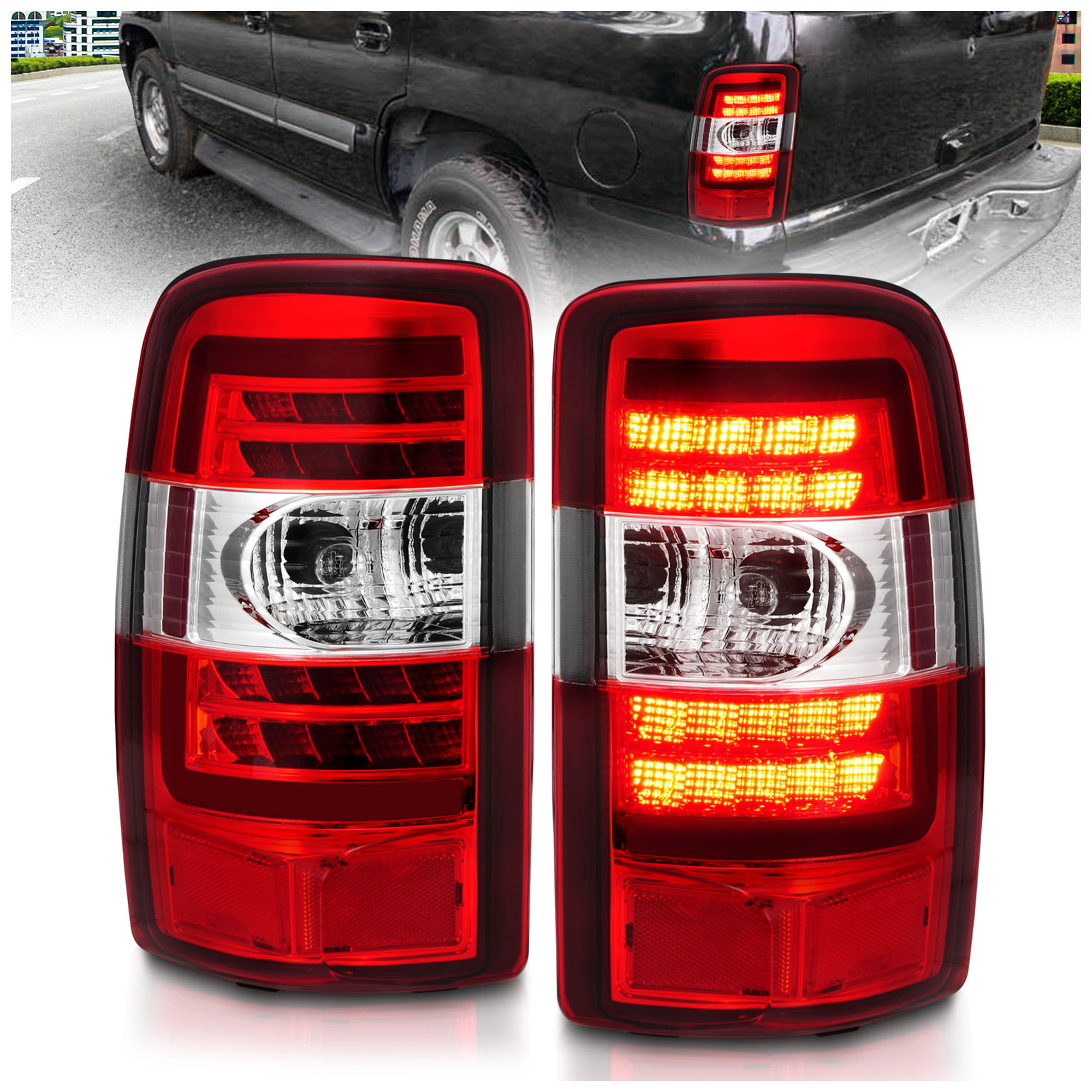 AM LED TAIL LIGHT W RED LENS CHROME HOUSING 2000-2006 CHEVROLET TAHOE SKU A1R311364 Partslink GM2819199 GM2818199 GM2801170 GM2800170 OEM 15198449-15224278-15113217-151