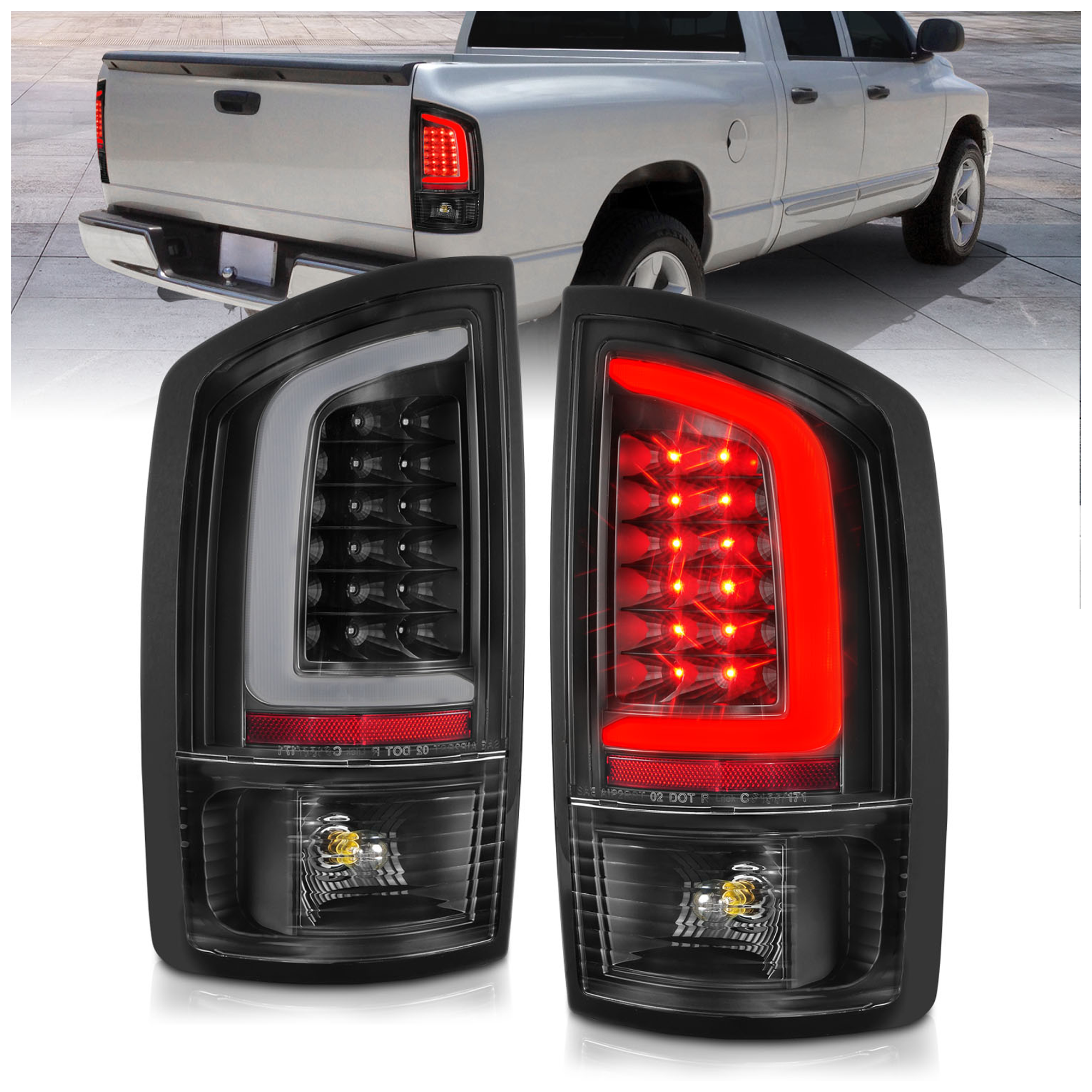 AM LED TAIL LIGHTS W LIGHT BAR BLACK HOUSING CLEAR LENS 2002-2006 DODGE RAM 1500 SKU A1R311368 Partslink CH2800147 CH2801147 OEM 55077347AD 55077348AD 55077347