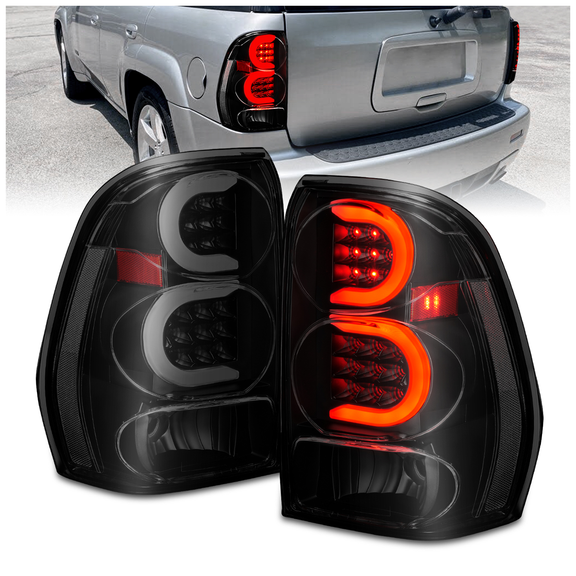 AM LED TAIL LIGHTS W LIGHT BAR BLACK HOUSING SMOKE LENS 2002-2009 CHEVROLET TRAILBLAZER SKU A1R311372 Partslink GM2800150 GM2801150 OEM 15131578-15131579