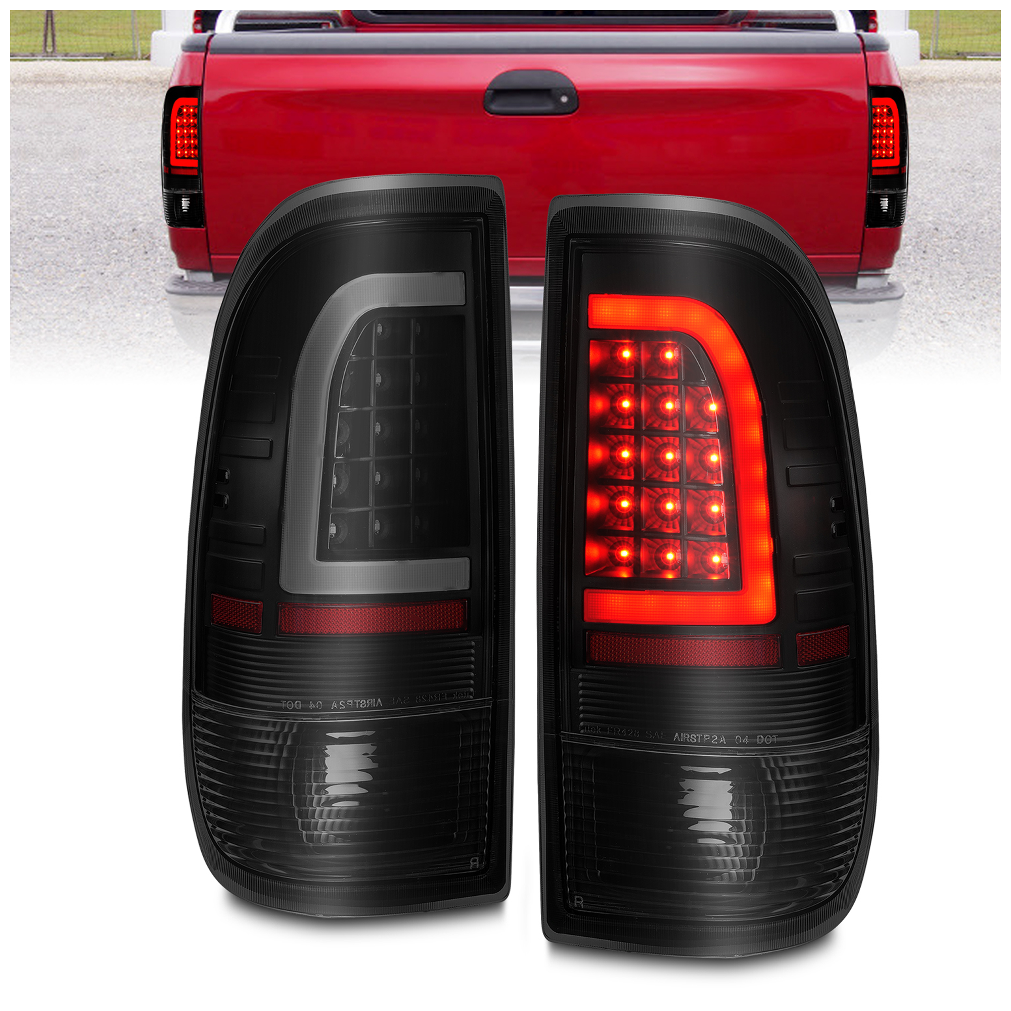 AM LED TAIL LIGHTS W LIGHT BAR BLACK HOUSING SMOKE LENS 1997-2003 FORD F 150 SUPER DUTY SKU A1R311378 Partslink FO2800117 FO2801117 OEM F85Z 13405CA F85Z 13404CA