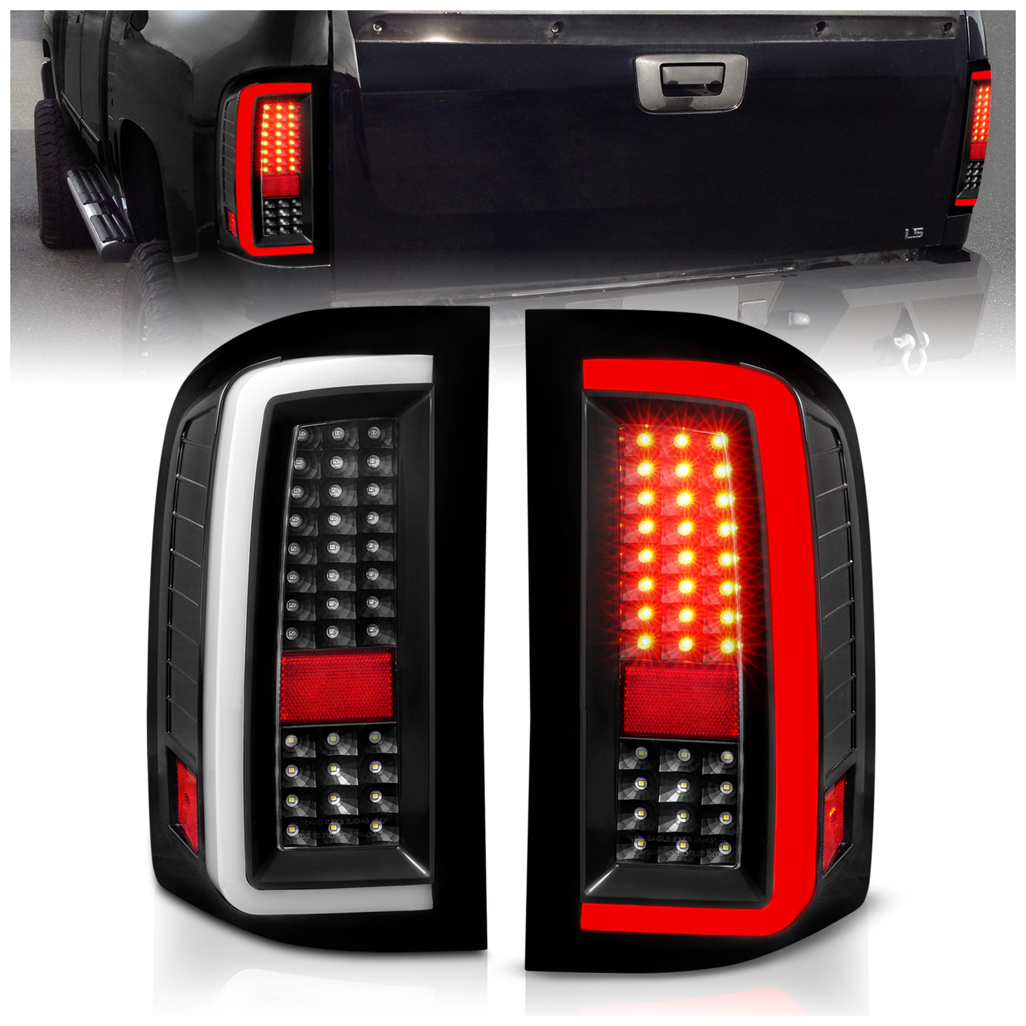 AM LED TAIL LIGHTS W LIGHT BAR BLACK HOUSING CLEAR LENS 2007-2013 CHEVROLET SILVERADO 1500 SKU A1R311380 Partslink GM2801207 GM2800207 OEM 25958483-25958482