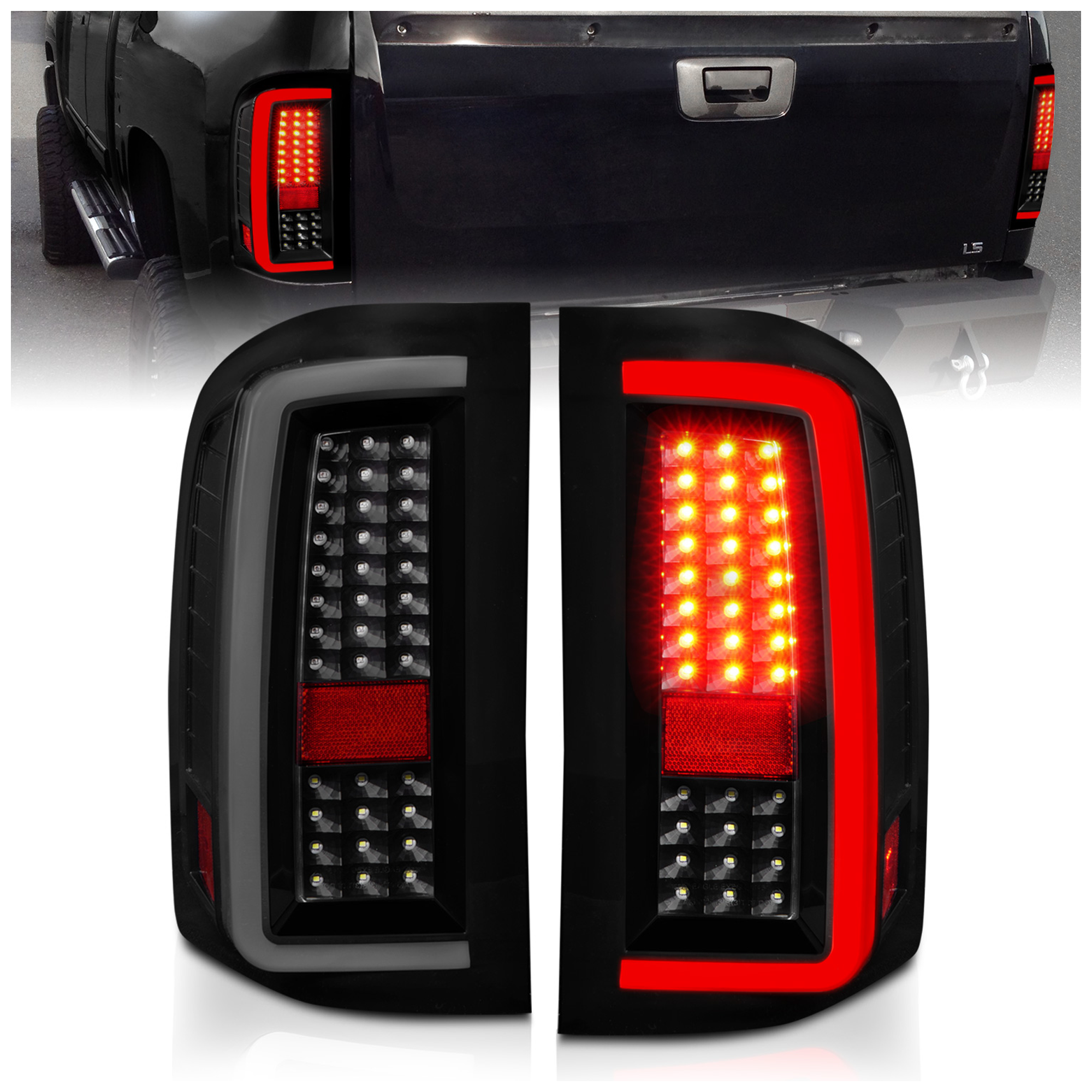 AM LED TAIL LIGHTS W LIGHT BAR BLACK HOUSING SMOKE LENS 2007-2013 CHEVROLET SILVERADO 1500 SKU A1R311381 Partslink GM2801207 GM2800207 OEM 25958483-25958482