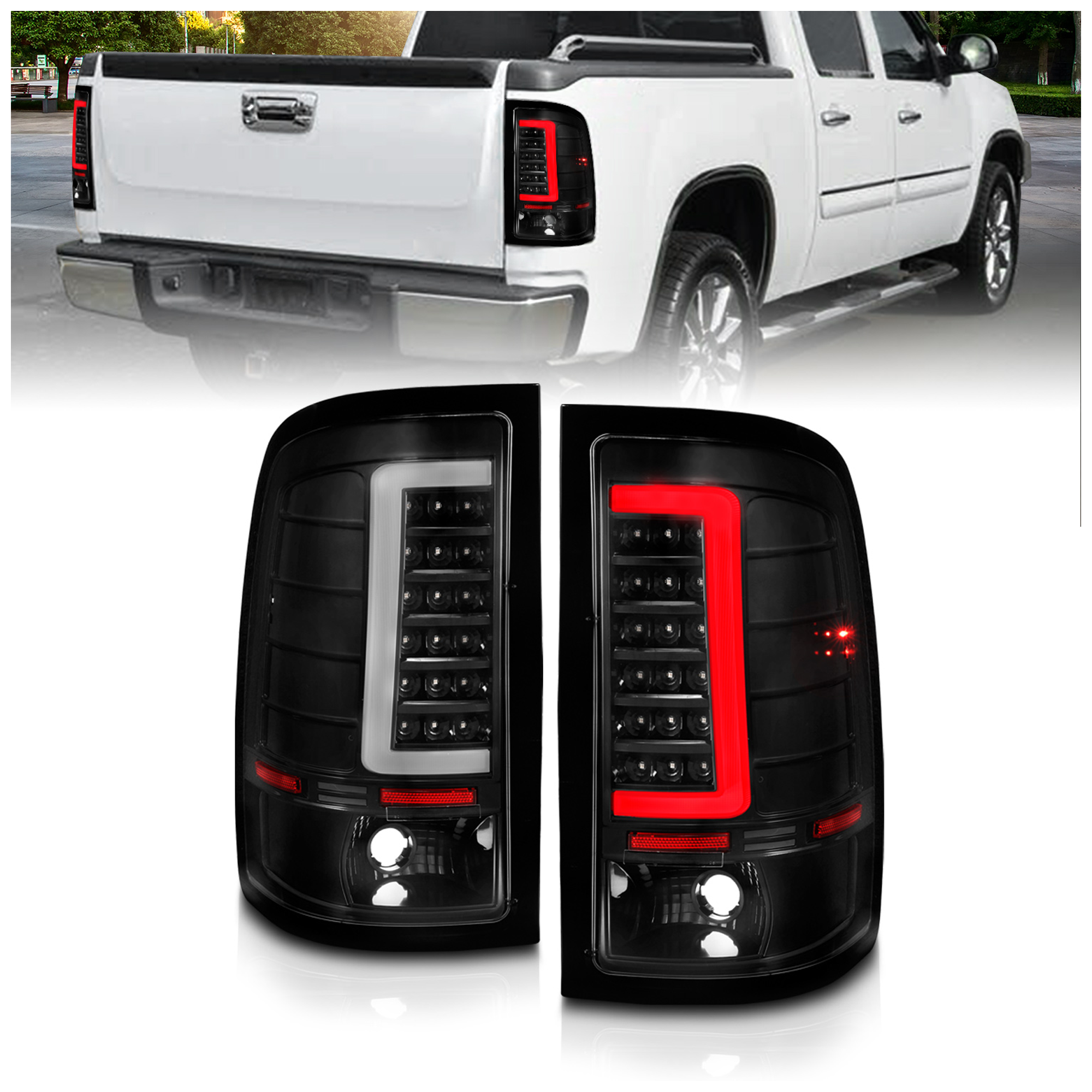 AM LED TAIL LIGHTS W LIGHT BAR BLACK HOUSING CLEAR LENS SKU A1R311388 Partslink GM2800208 GM2801208 OEM 25958484-25958485
