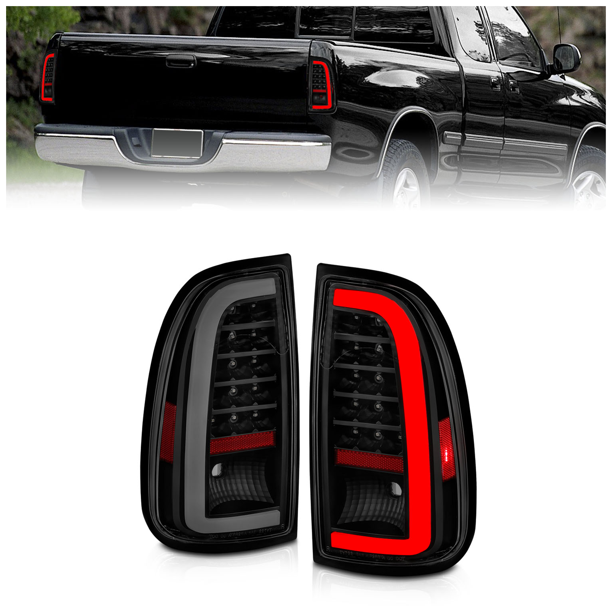 AM 2000-2006 TOYOTA TUNDRA LED TAIL LIGHTS W LIGHT BAR BLACK HOUSING SMOKE LENS SKU A1R311412 Partslink TO2800153 TO2801153 OEM 815600C040-815500C040