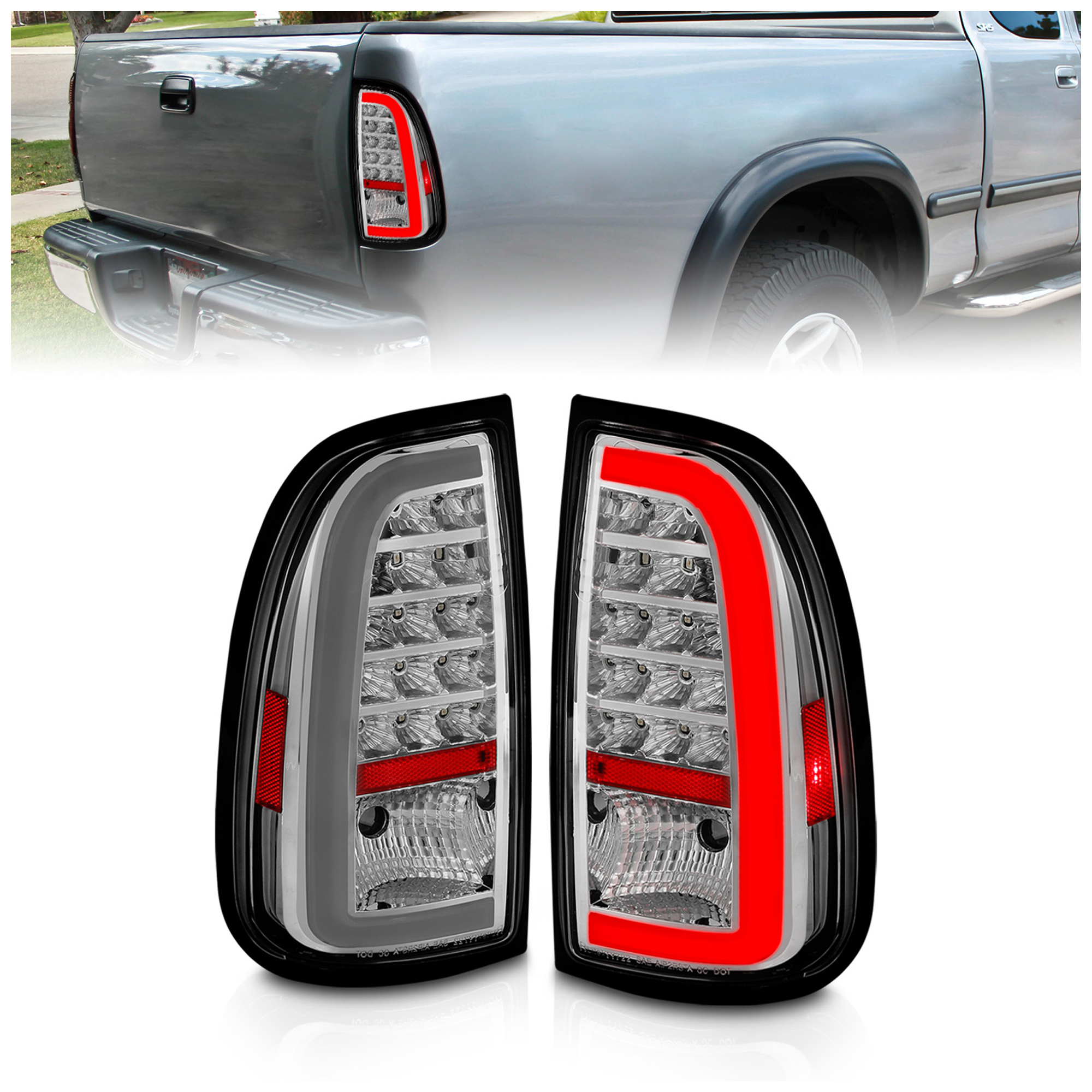 AM 2000-2006 TOYOTA TUNDRA LED TAIL LIGHTS W LIGHT BAR CHROME HOUSING CLEAR LENS SKU A1R311413 Partslink TO2800153 TO2801153 OEM 815600C040-815500C040