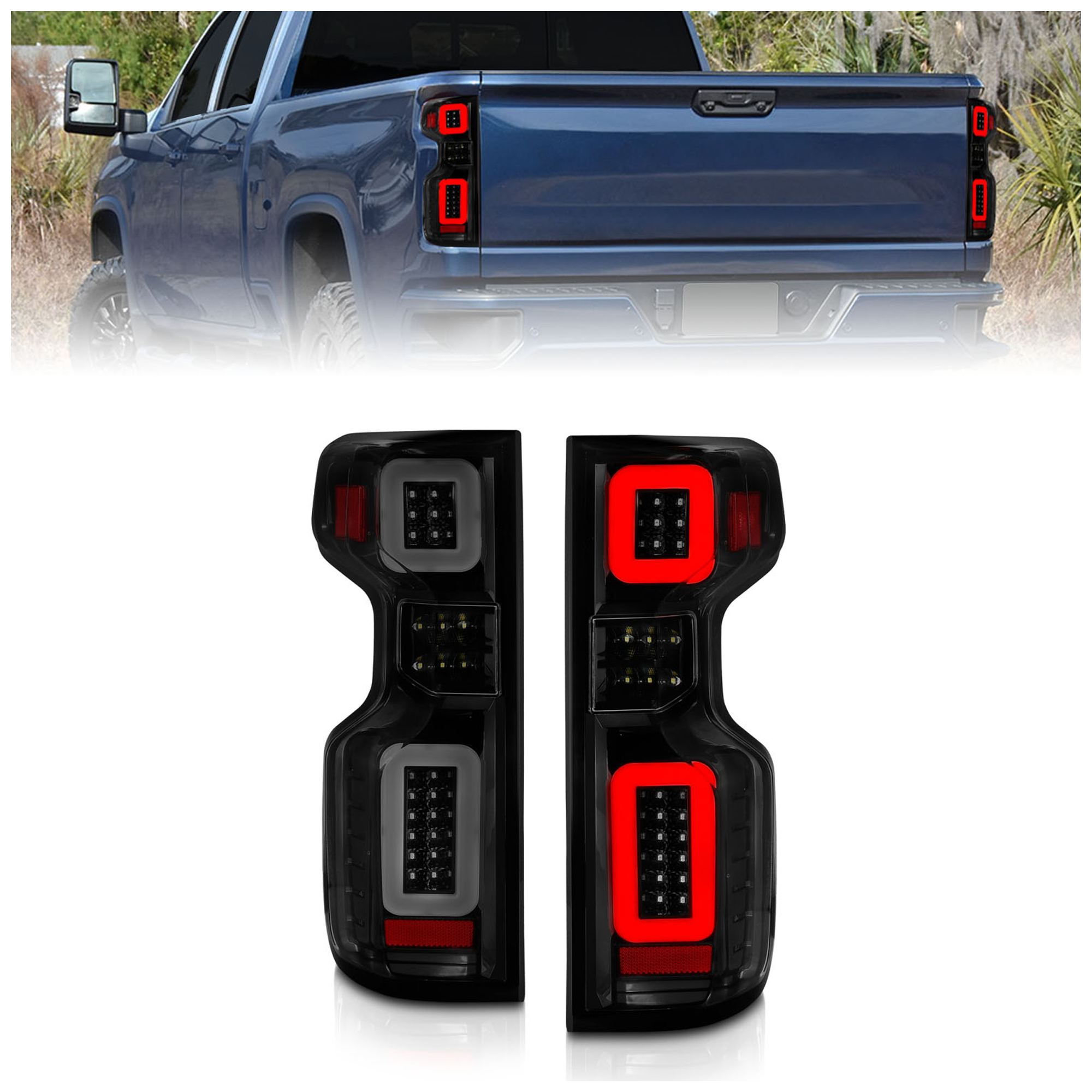 AM 2019-2021 CHEVROLET SILVERADO RST FULL LED TAIL LIGHTS W LIGHT BAR SEQUENTIAL BLACK HOUSING SMOKE LENS SKU A1R311415