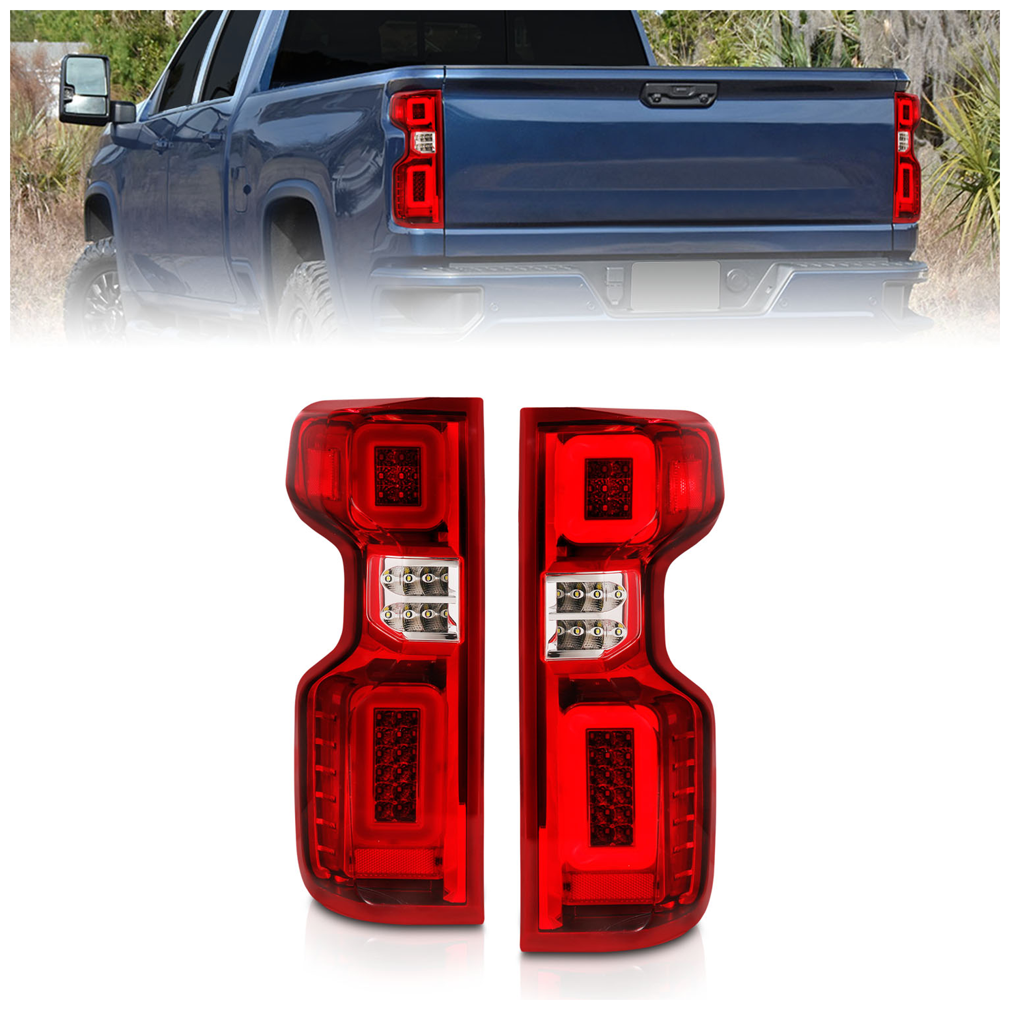 AM 2019-2021 CHEVROLET SILVERADO RST FULL LED TAIL LIGHTS W LIGHT BAR SEQUENTIAL CHROME HOUSING RED CLEAR LENS SKU A1R311416