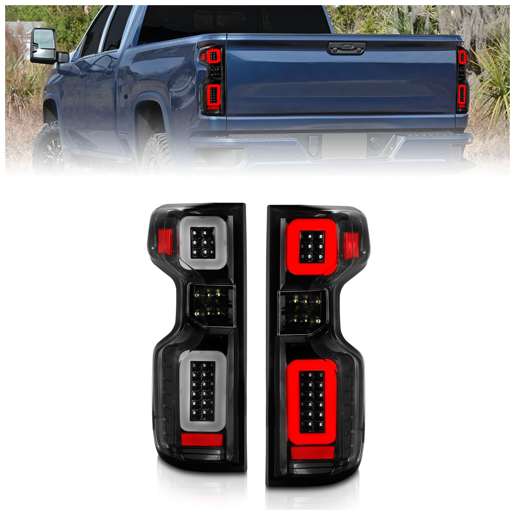 AM 2019-2021 CHEVROLET SILVERADO WORK TRUCK FULL LED TAIL LIGHTS W LIGHT BAR SEQUENTIAL BLACK HOUSING CLEAR LENS SKU A1R311417