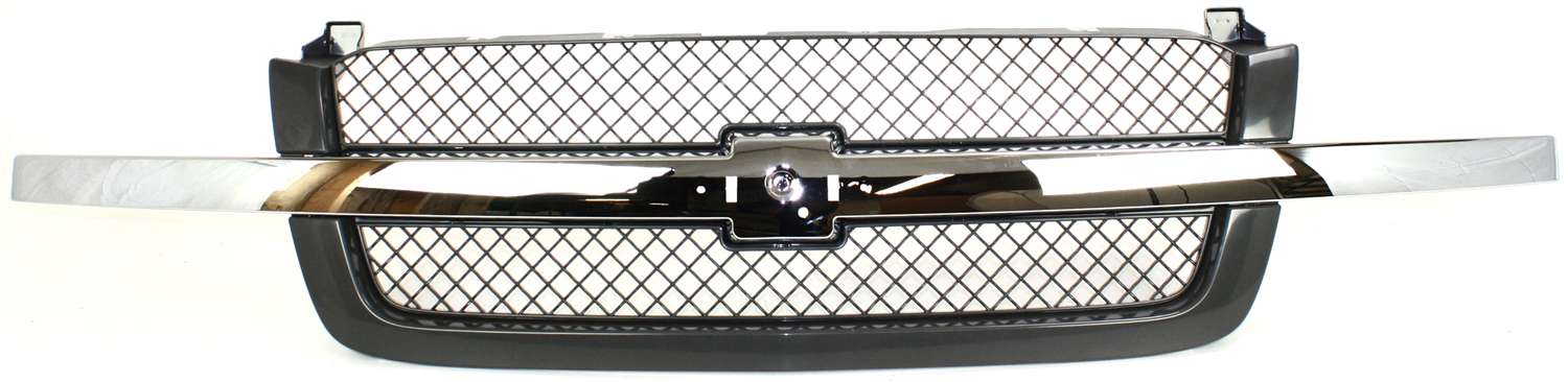 AM AVALANCHE 02-06 SILVERADO 03-07 GRILLE Center Primed Shell Textured Insert Mesh w Chrome Center Bar Avalanche w o Body Cladding Silverado Base LS LT SKU C070122