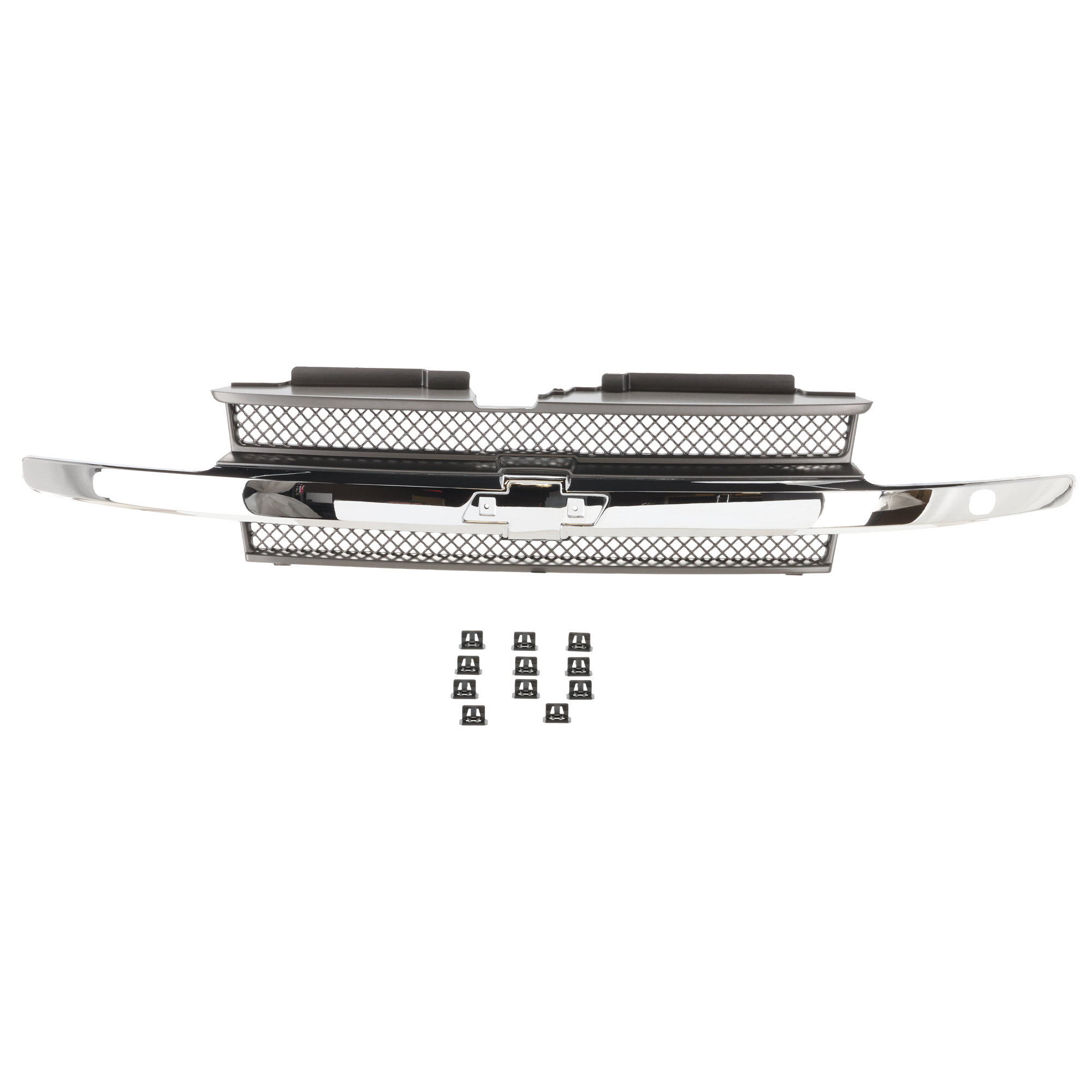 AM TRAILBLAZER 02-05 GRILLE Textured Gray Shell and Insert w Chrome Center Bar w Headlamp Washer Holes SKU C070125 Partslink GM1200498 OEM 12336054