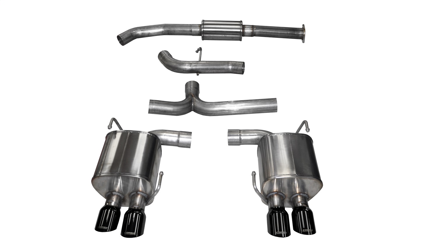 AM CORSA SPORT CAT BACK EXHAUST SYSTEM EXHAUST SYSTEM KIT STAINLESS STEEL Sport Cat Back Exhaust System Dual Rear Exit Incl. Muffler Pipes Clamps 3.5 in. Twin Pro Series Black Tips 50 State Emissi SKU COR14857BLK