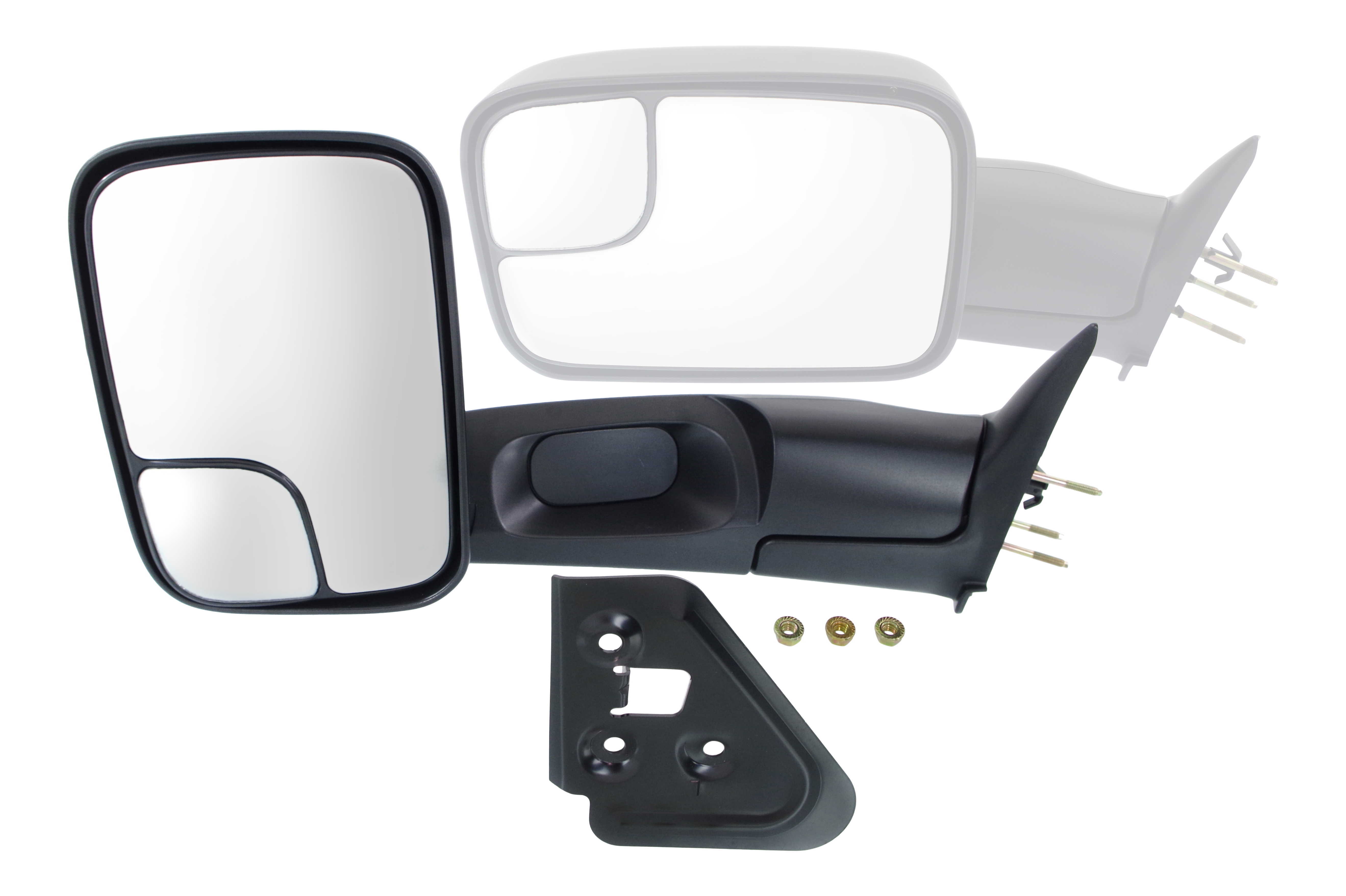 AM RAM 1500 P U 94-01 RAM 2500-3500 P U 94-02 TOWING MIRROR LH Manual Adjust Manual Folding Non Heated Textured w Bracket and Blind Spot Glass SKU DG49L Partslink CH1320332 OEM 55156335AD PFM