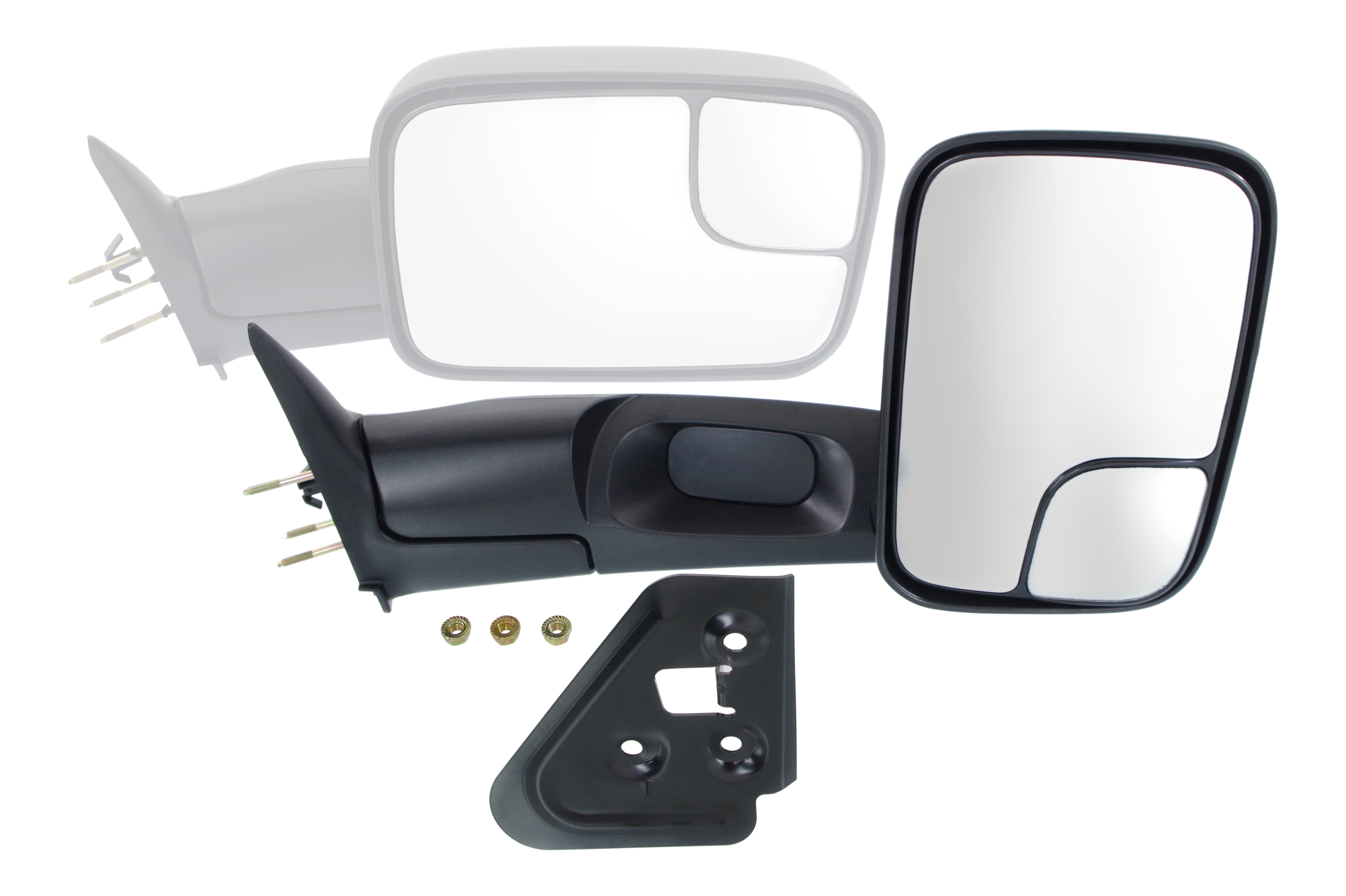 AM RAM 1500 P U 94-01 RAM 2500-3500 P U 94-02 TOWING MIRROR RH Manual Adjust Manual Folding Non Heated Textured w Bracket and Blind Spot Glass SKU DG49R Partslink CH1321332 OEM 55156334AD PFM